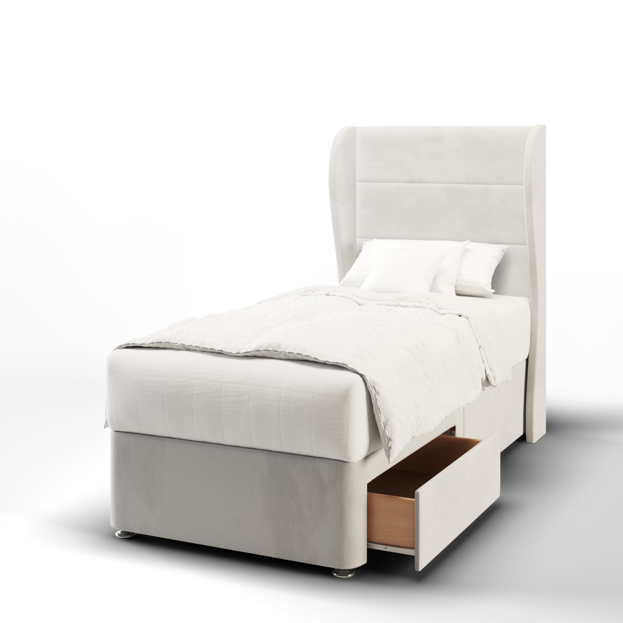 Horizontal Panels Fabric Middle Curve Wing Headboard with Divan Bed Base & Mattress