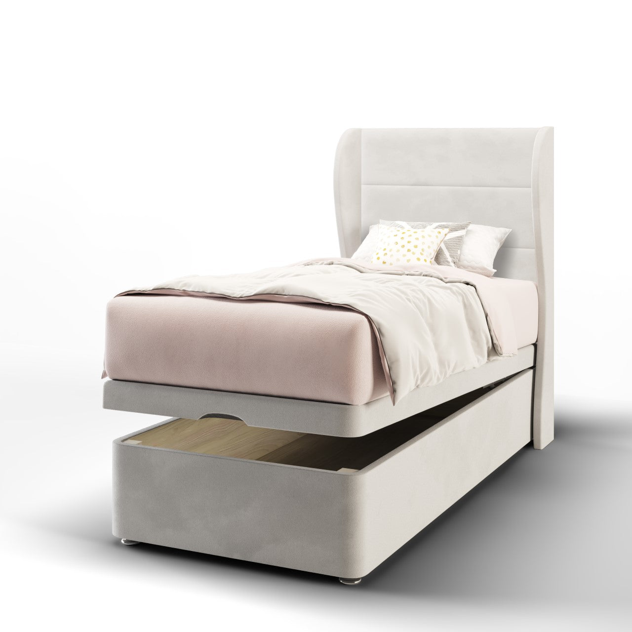 Horizontal Panels Fabric Middle Curve Wing Headboard with Ottoman Storage Bed Base & Mattress