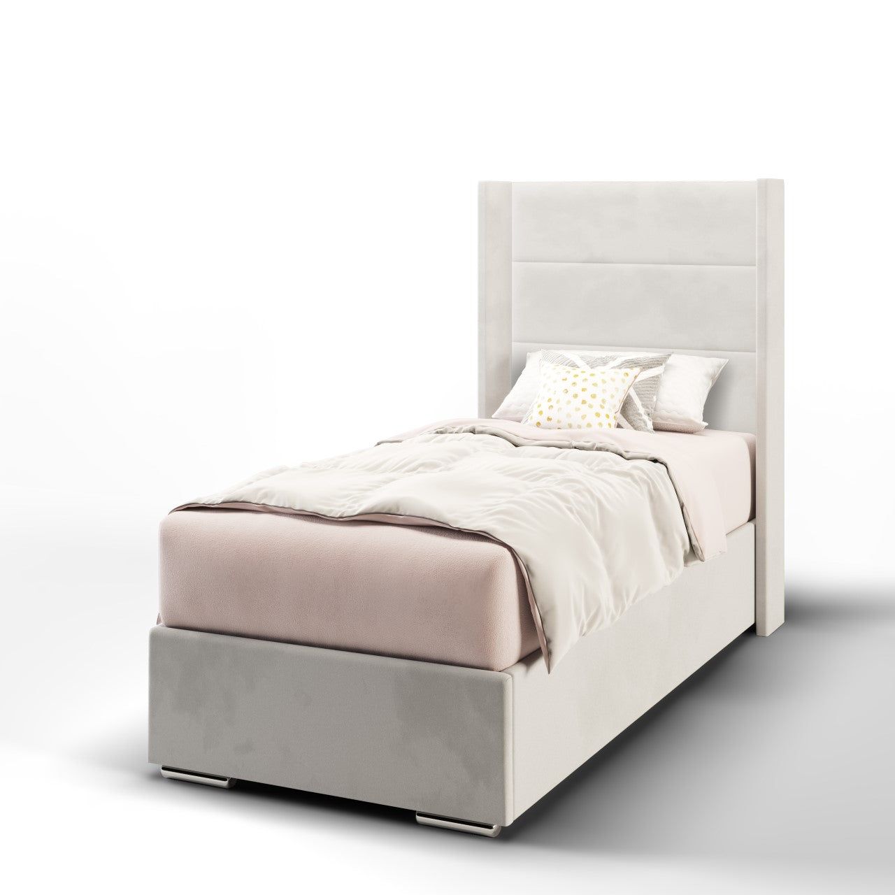 Horizontal Panels Fabric Straight Wing Headboard with Frame Bed Base & Mattress