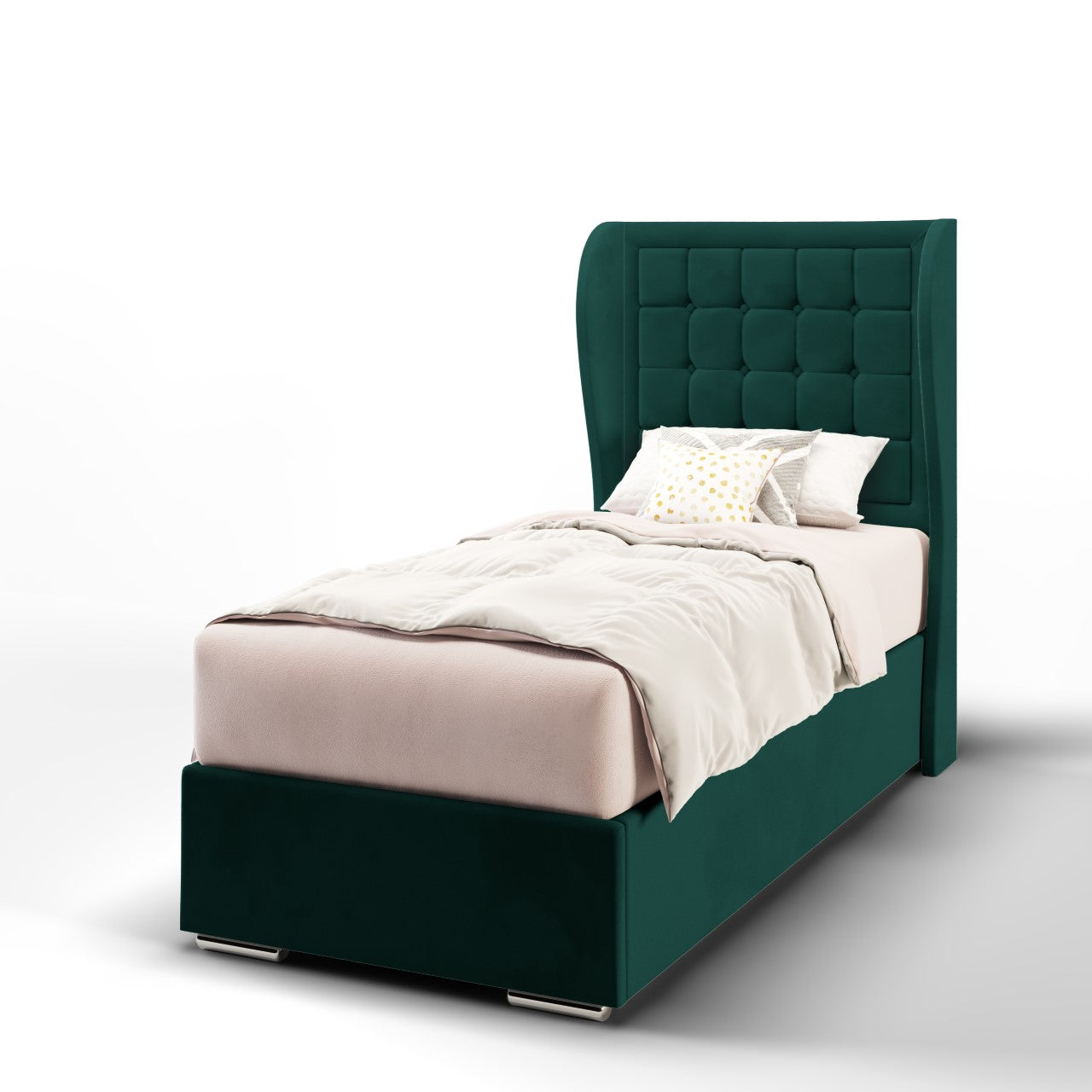 Large Cubic Border Fabric Middle Curve Wing Headboard with Frame Bed Base & Mattress