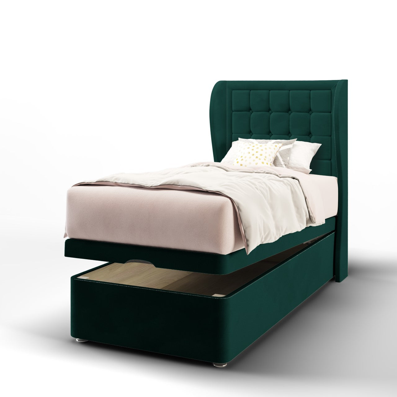 Large Cubic Border Fabric Middle Curve Wing Headboard with Ottoman Storage Bed Base & Mattress