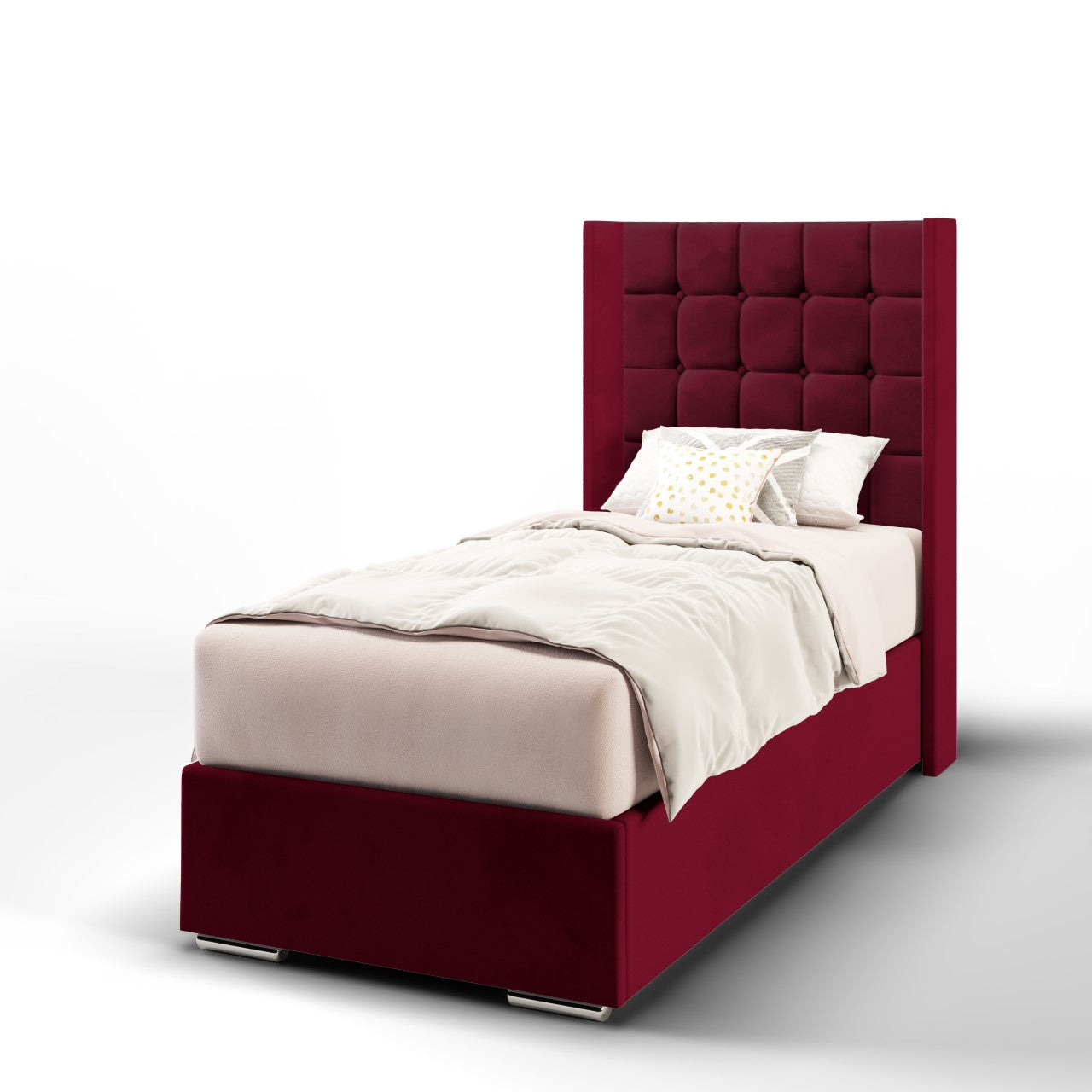 Large Cubic Fabric Straight Wing Headboard with Frame Bed Base & Mattress