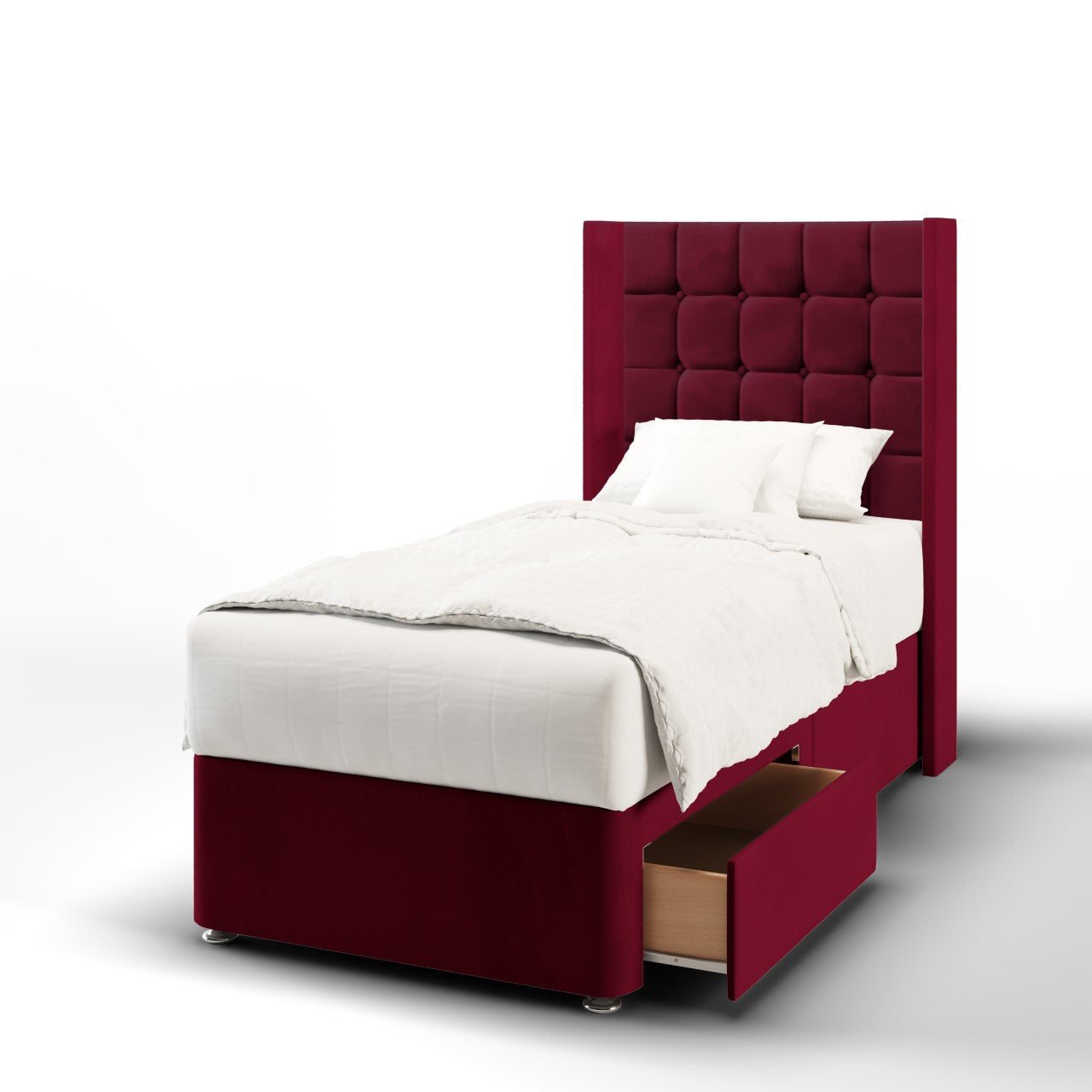 Large Cubic Fabric Straight Wing Headboard with Divan Bed Base & Mattress