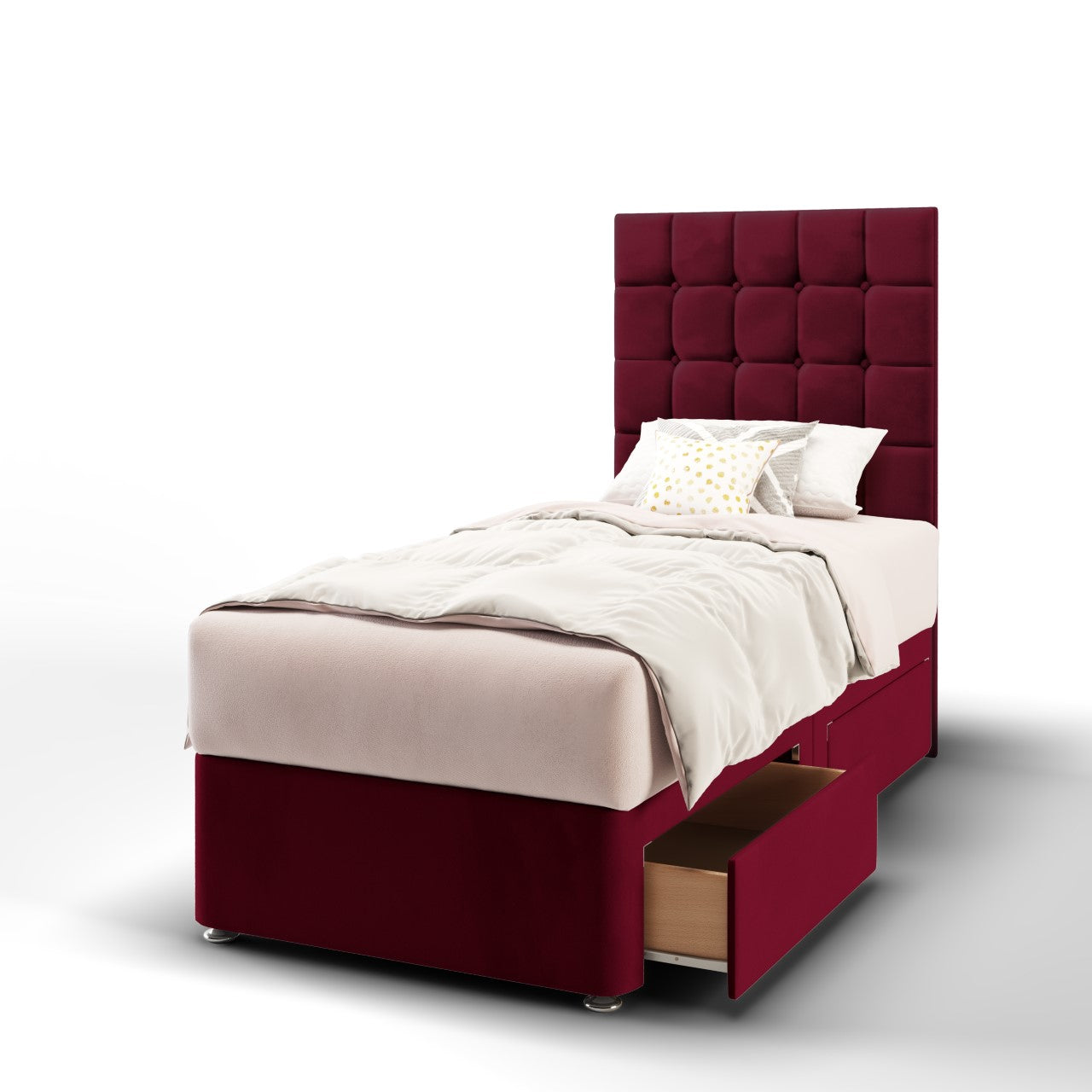 Large Cubic Fabric Tall Headboard with Divan Bed Base & Mattress