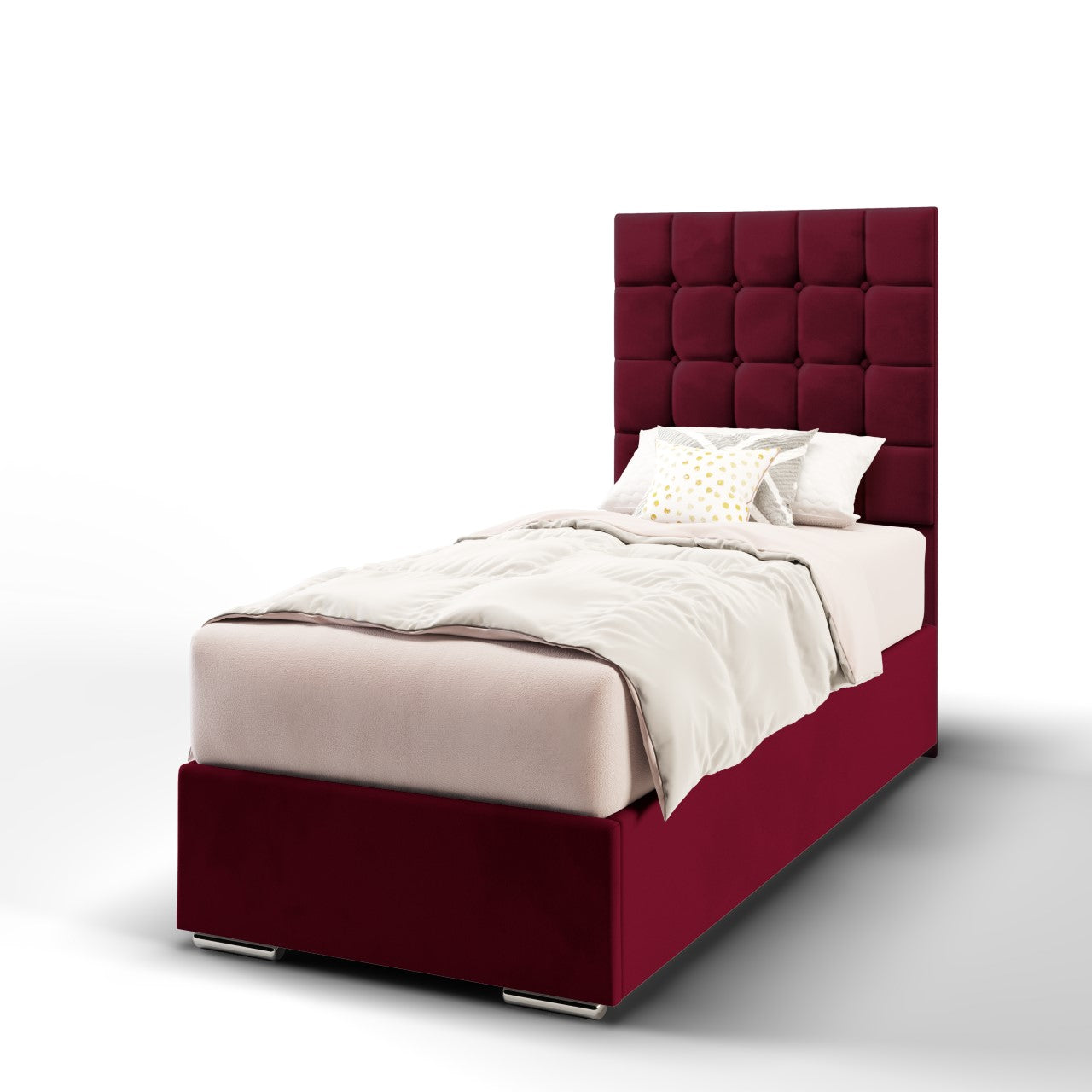 Large Cubic Fabric Tall Headboard with Frame Bed Base & Mattress