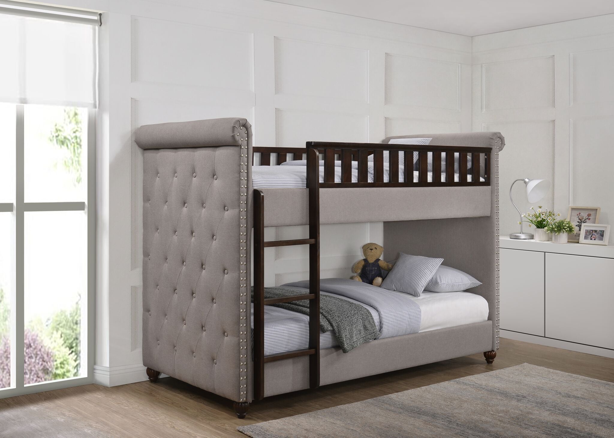 New Louis Light Grey Linen Fabric Chesterfield Bunk Bed