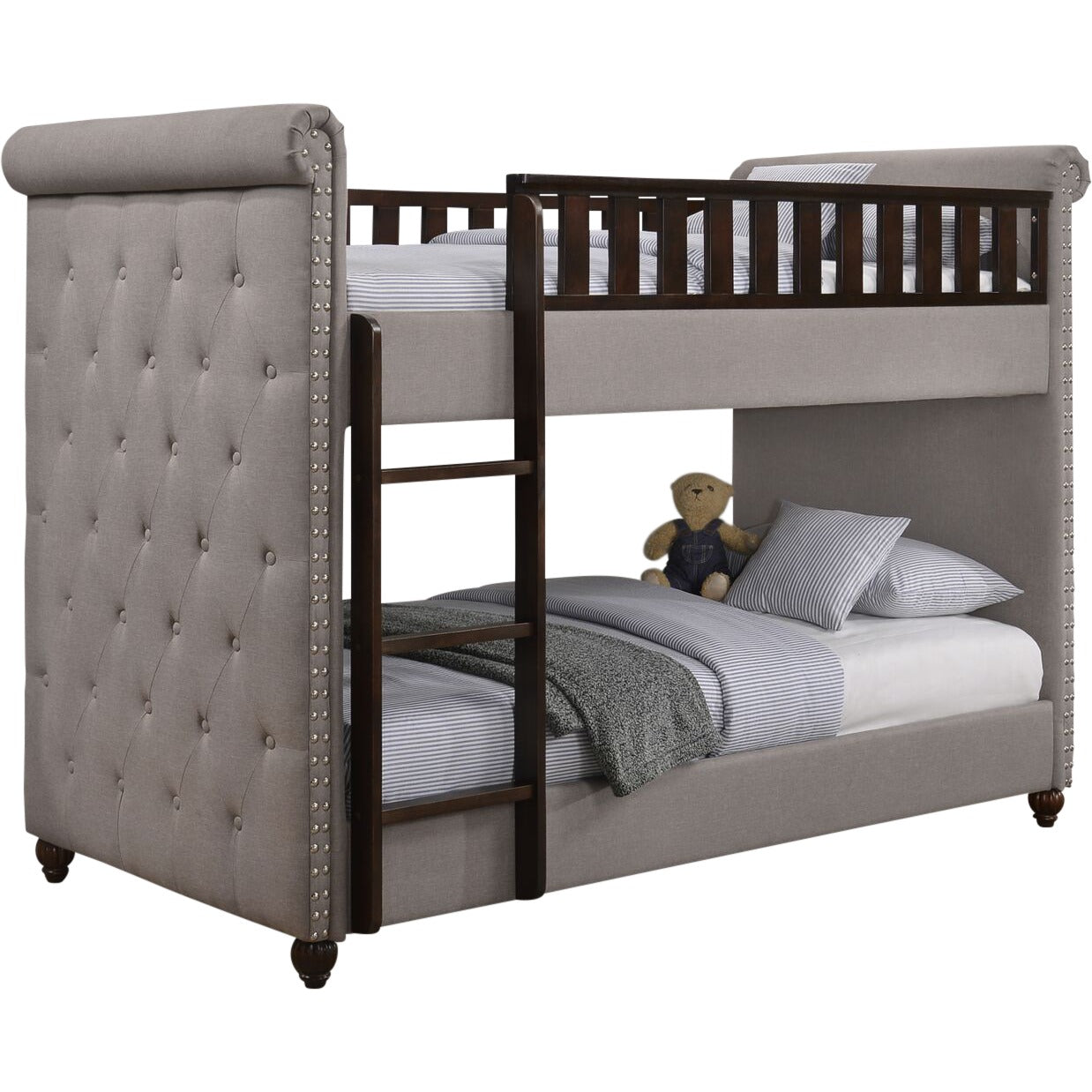 New Louis Light Grey Linen Fabric Chesterfield Bunk Bed