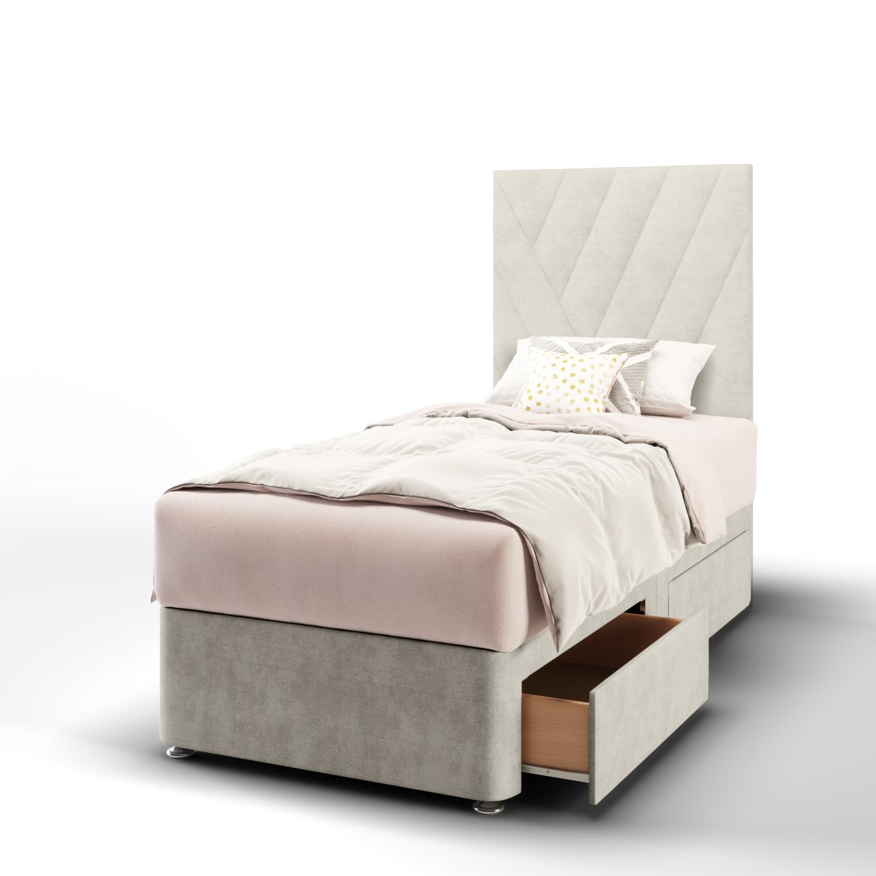 Multi Diagonal Panels Fabric Tall Headboard with Divan Bed Base & Mattress