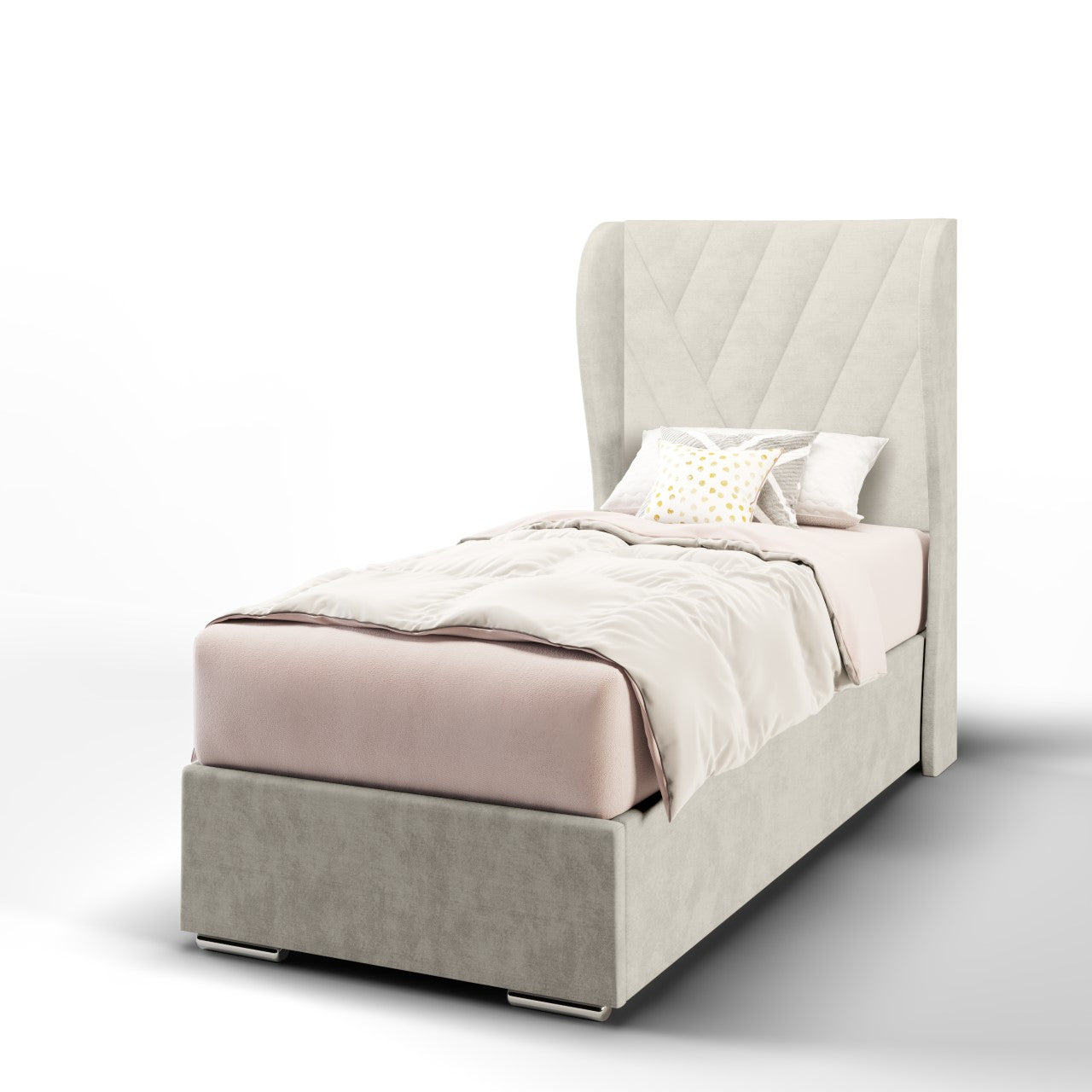 Multi Diagonal Panels Fabric Middle Curve Wing Headboard with Frame Bed Base & Mattress