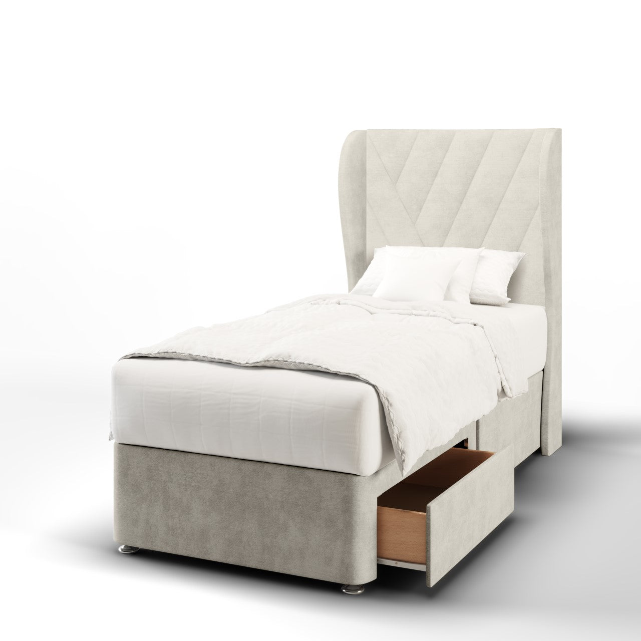 Multi Diagonal Panels Fabric Middle Curve Wing Headboard with Divan Bed Base & Mattress