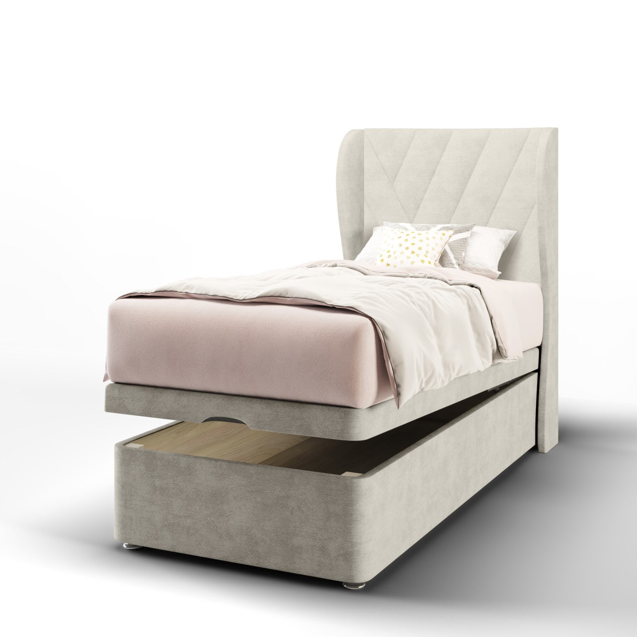 Multi Diagonal Panels Fabric Middle Curve Wing Headboard with Ottoman Storage Bed Base & Mattress