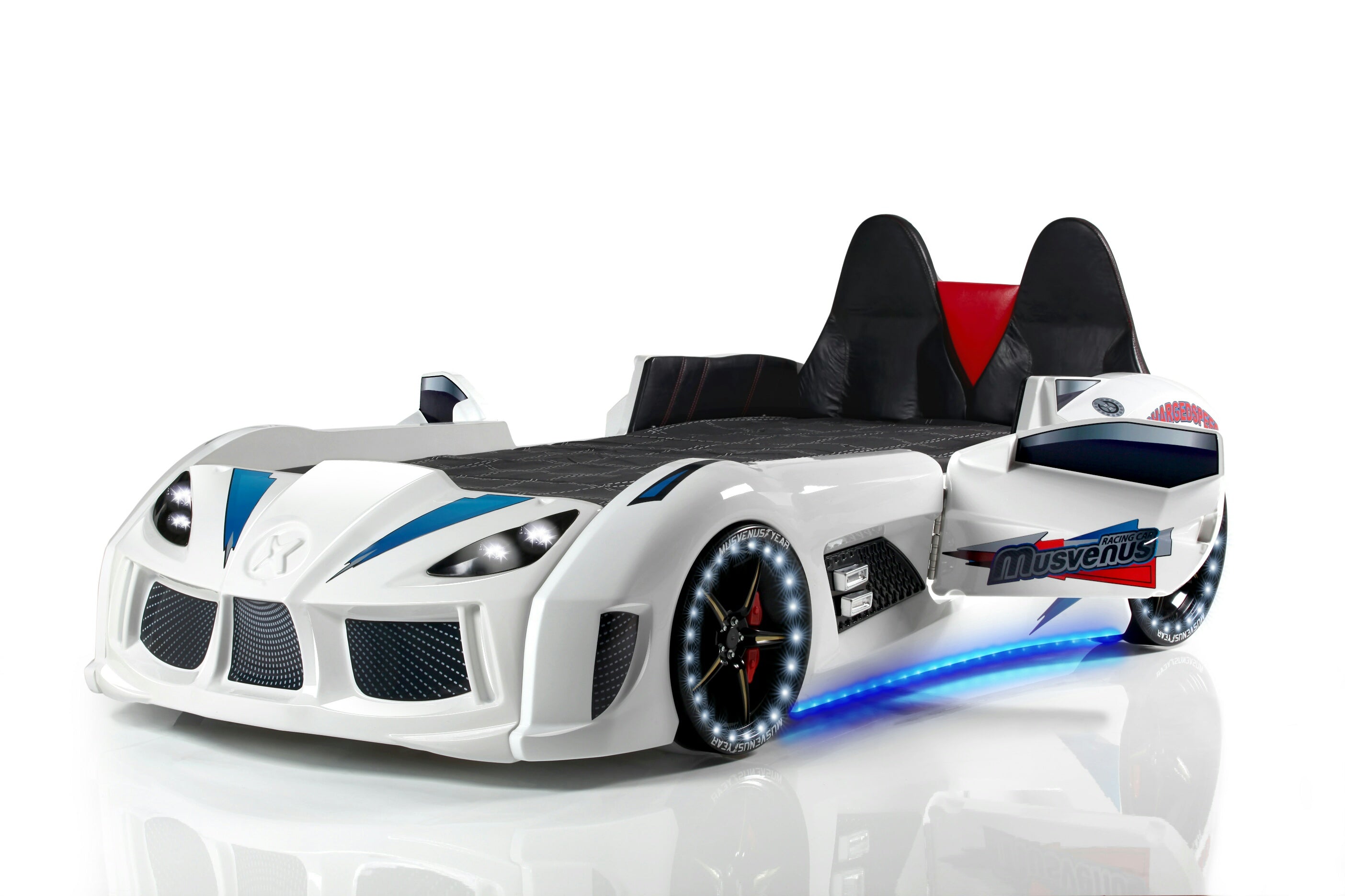 Aston 3FT Single Children's White Racing Car Bed with LED Lights & Sou