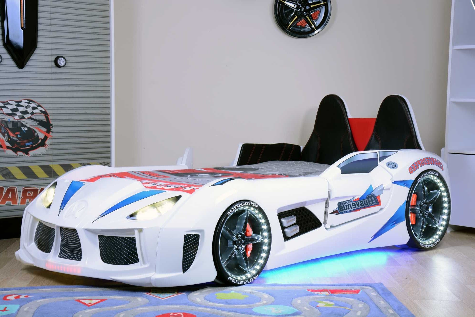 Aston 3FT Single White Racing Car Bed with LED Lights & Sounds