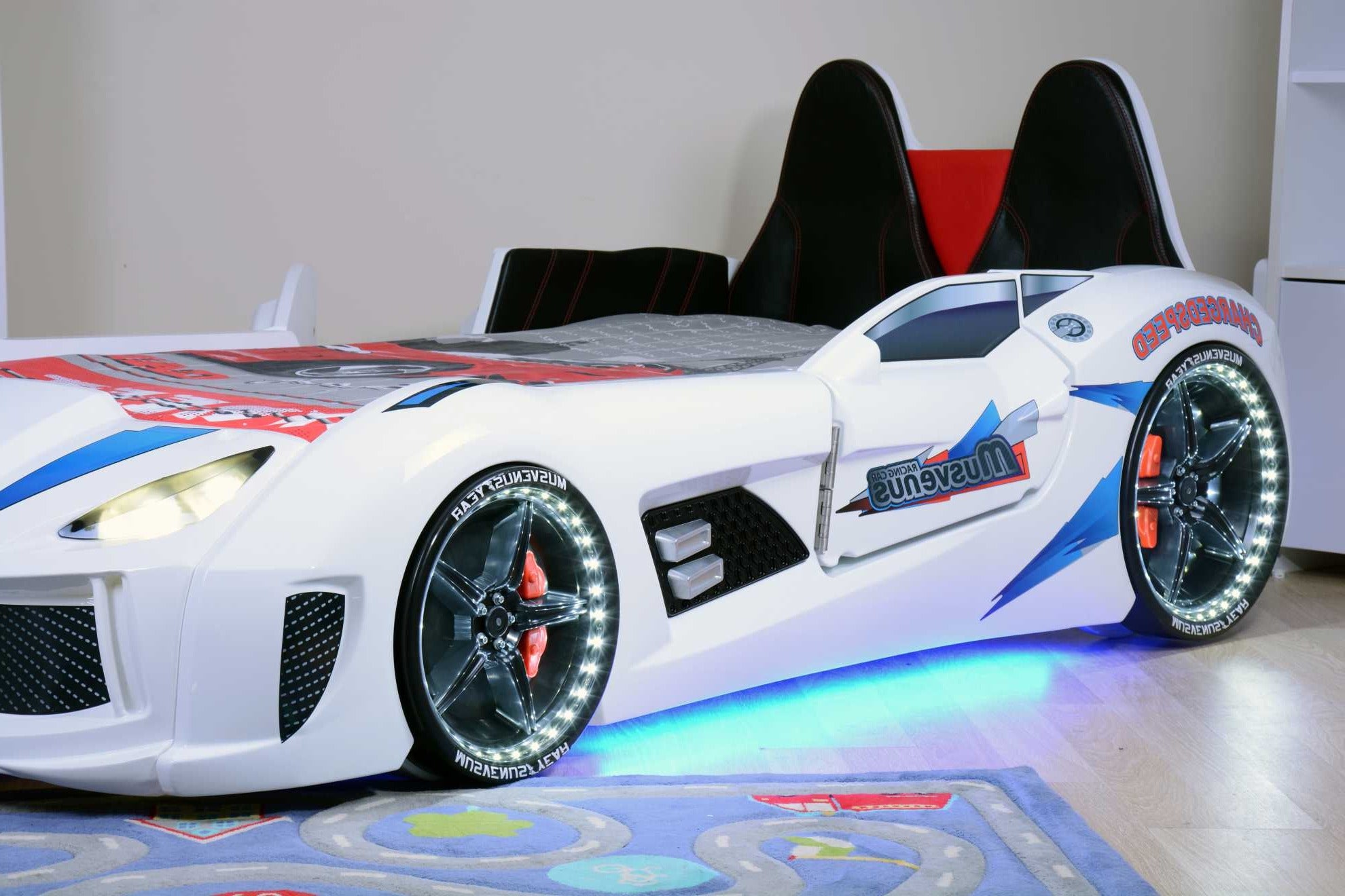 Aston 3FT Single White Racing Car Bed with LED Lights & Sounds