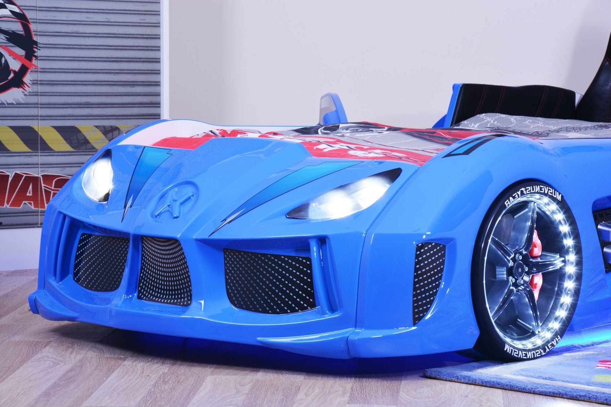 Aston 3FT Single Blue Racing Car Bed with LED Lights & Sounds