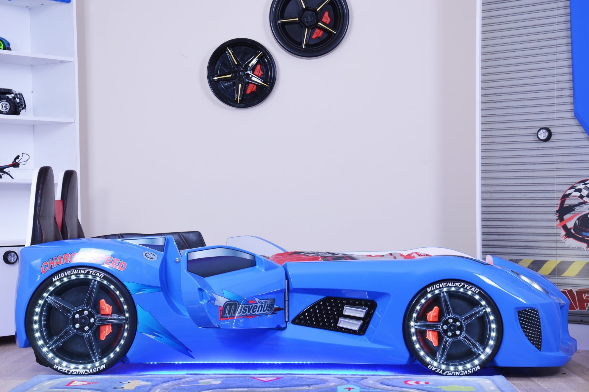 Aston 3FT Single Blue Racing Car Bed with LED Lights & Sounds