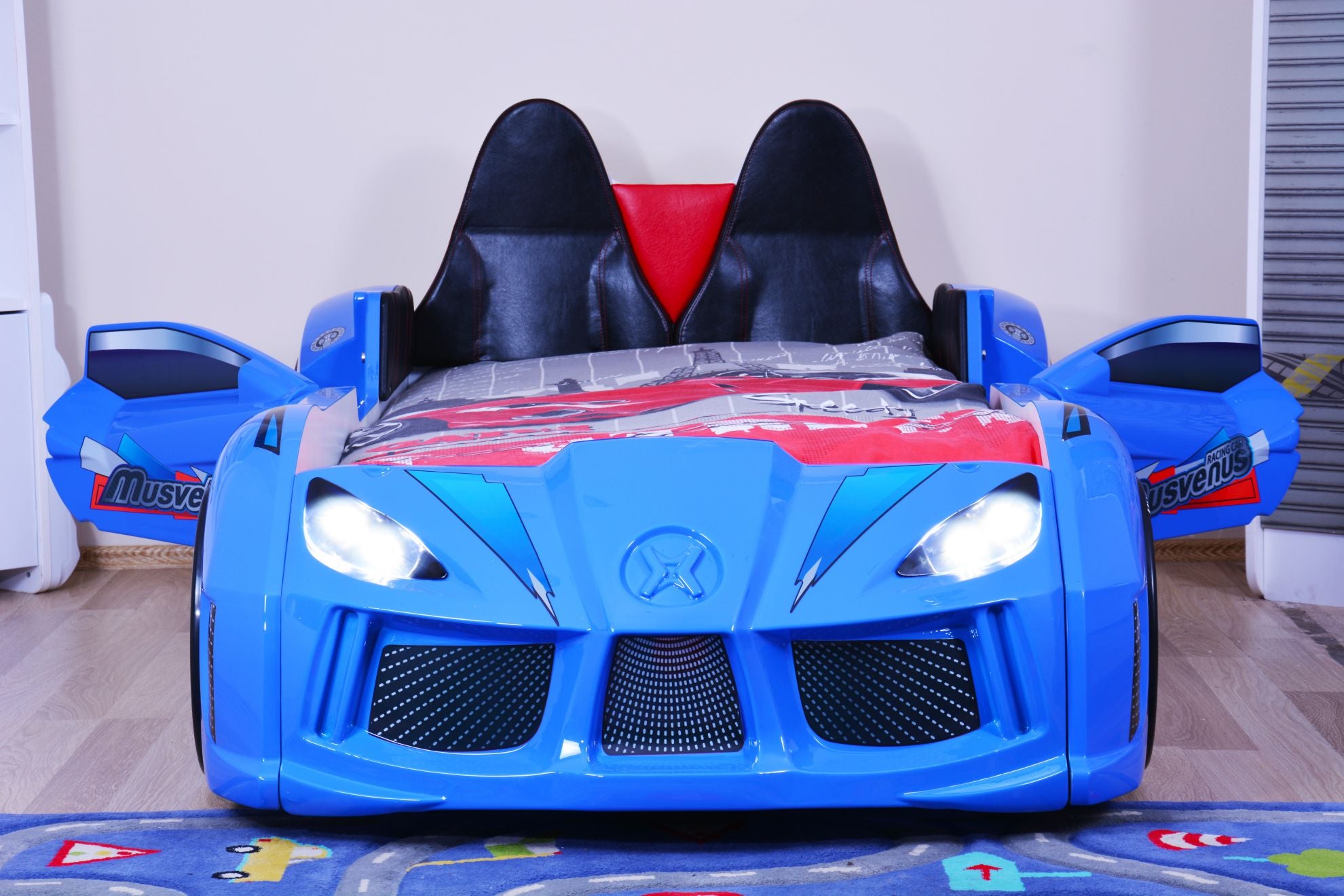 Aston 3FT Single Blue Racing Car Bed with LED Lights & Sounds