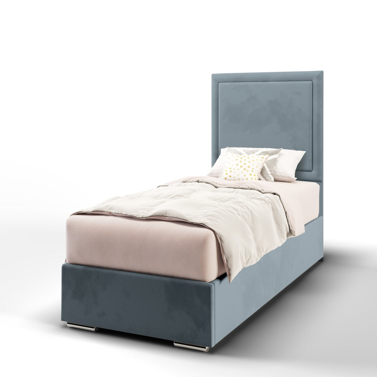 Plain Border Fabric Tall Headboard with Frame Bed Base & Mattress