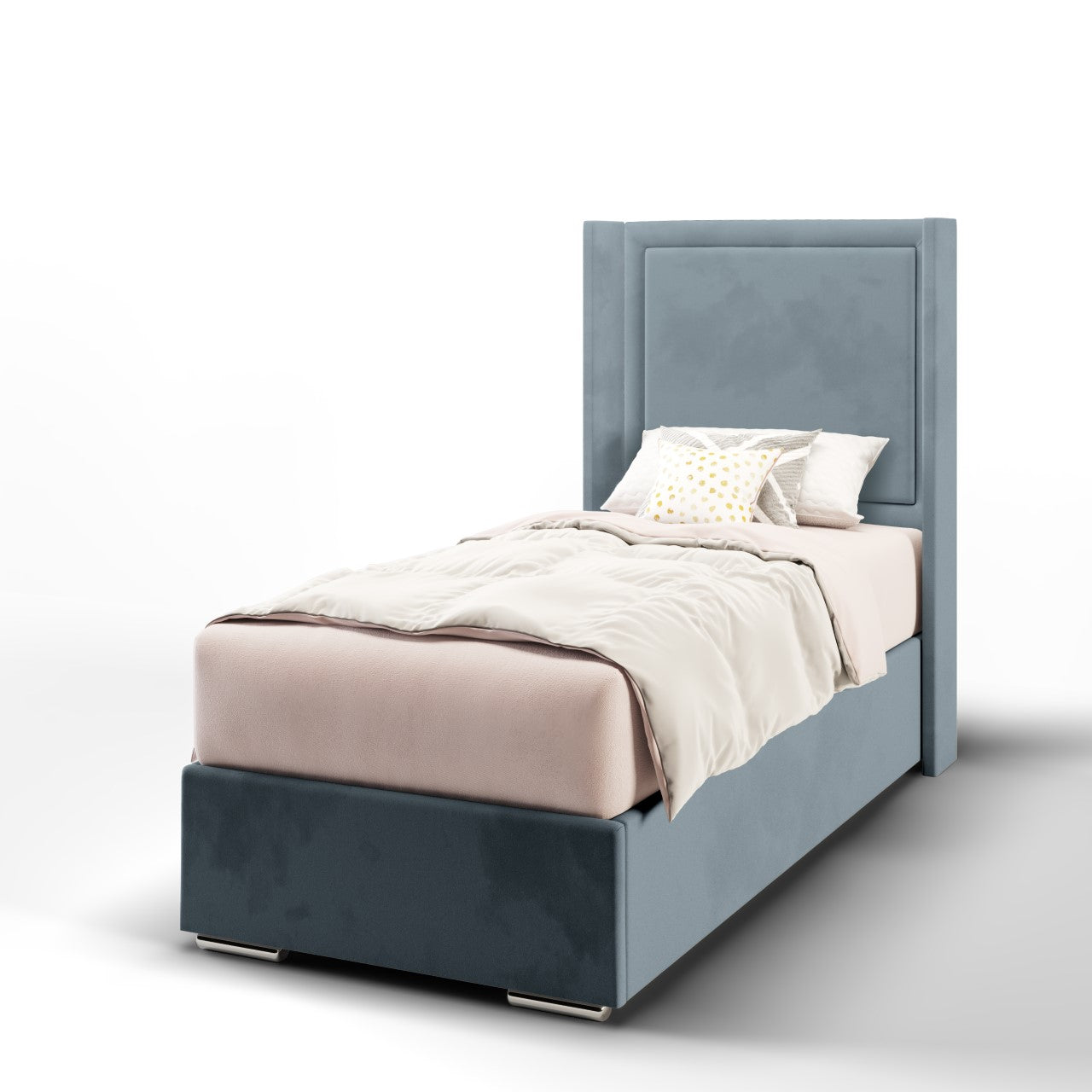 Plain Border Fabric Straight Wing Headboard with Frame Bed Base & Mattress