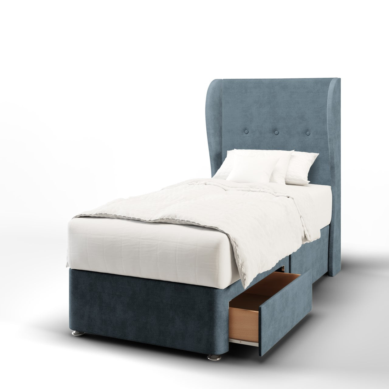 Plain Fabric Middle Curve Wing Headboard with Divan Bed Base & Mattress