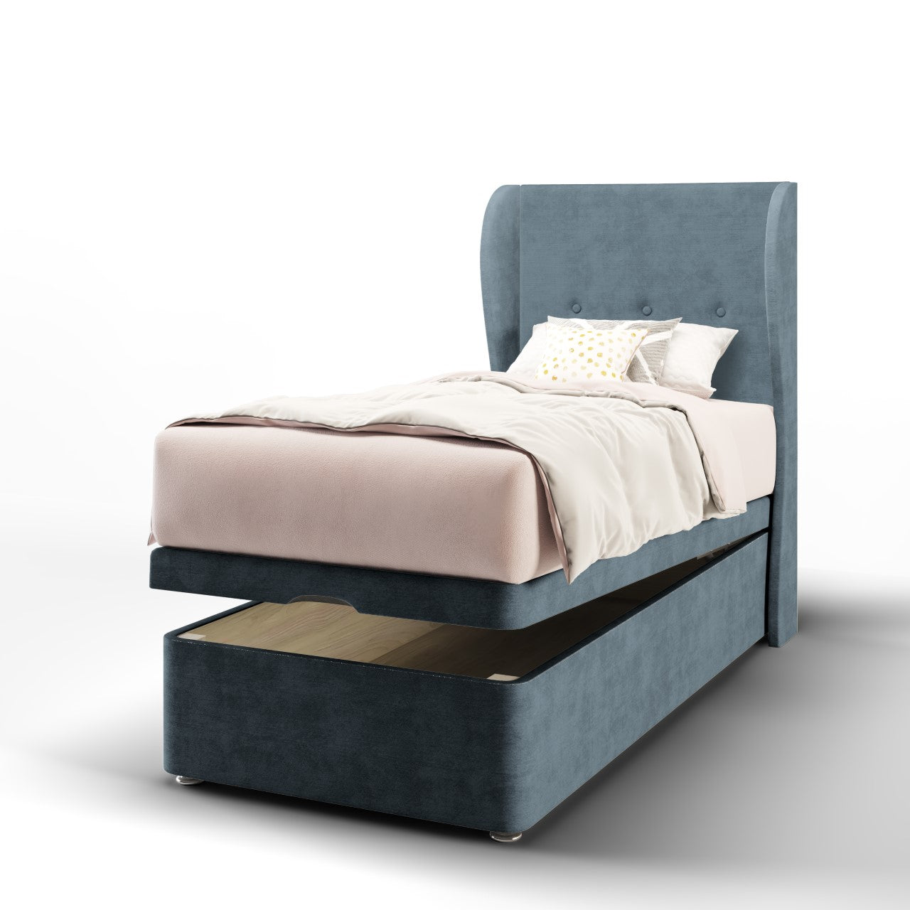 Plain Fabric Middle Curve Wing Headboard with Ottoman Storage Bed Base & Mattress