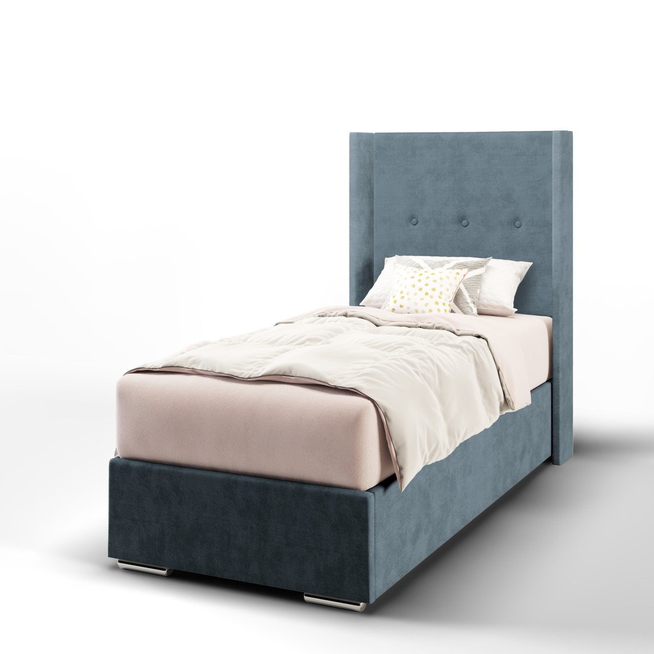 Plain Fabric Straight Wing Headboard with Frame Bed Base & Mattress