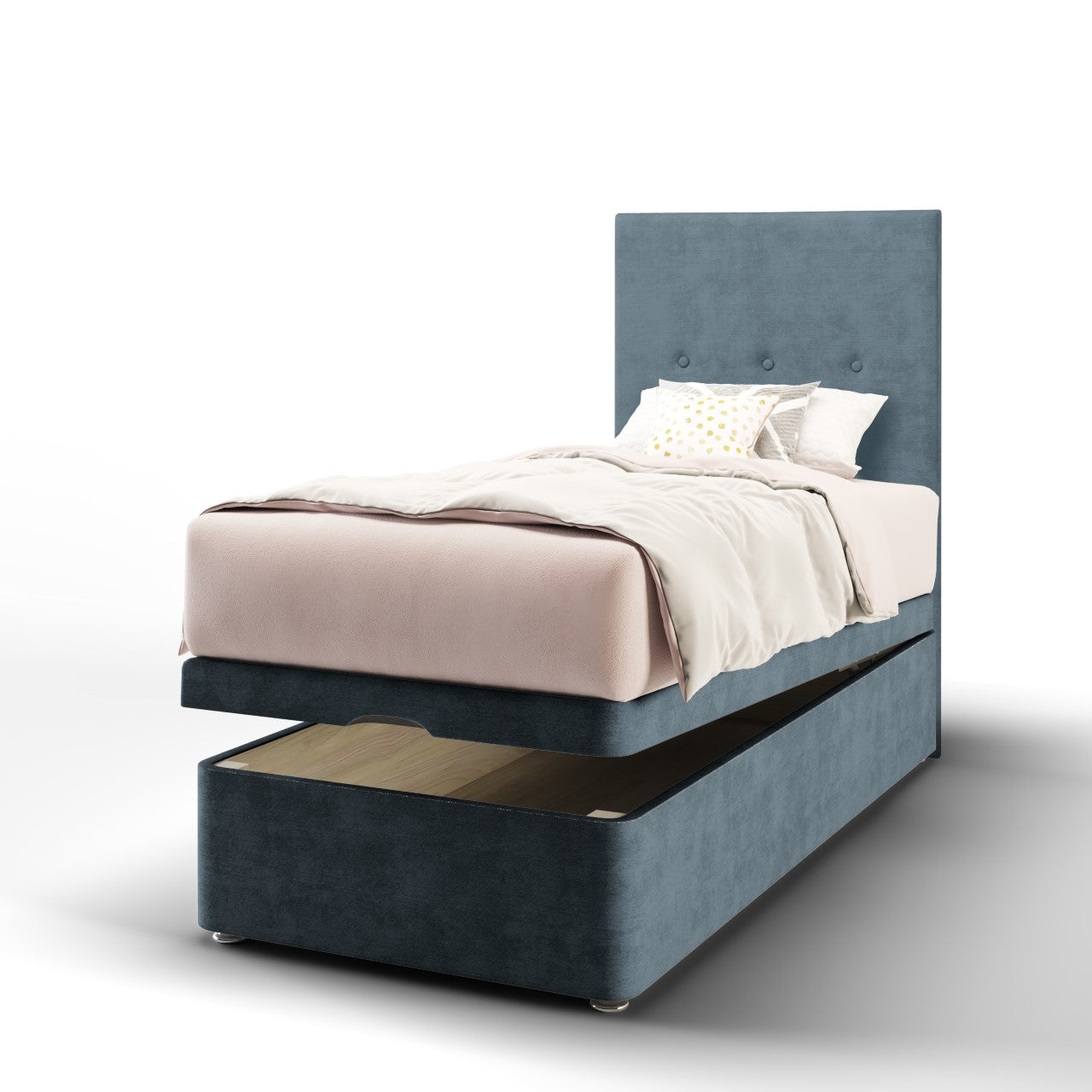 Plain Fabric Tall Headboard with Ottoman Storage Bed Base & Mattress