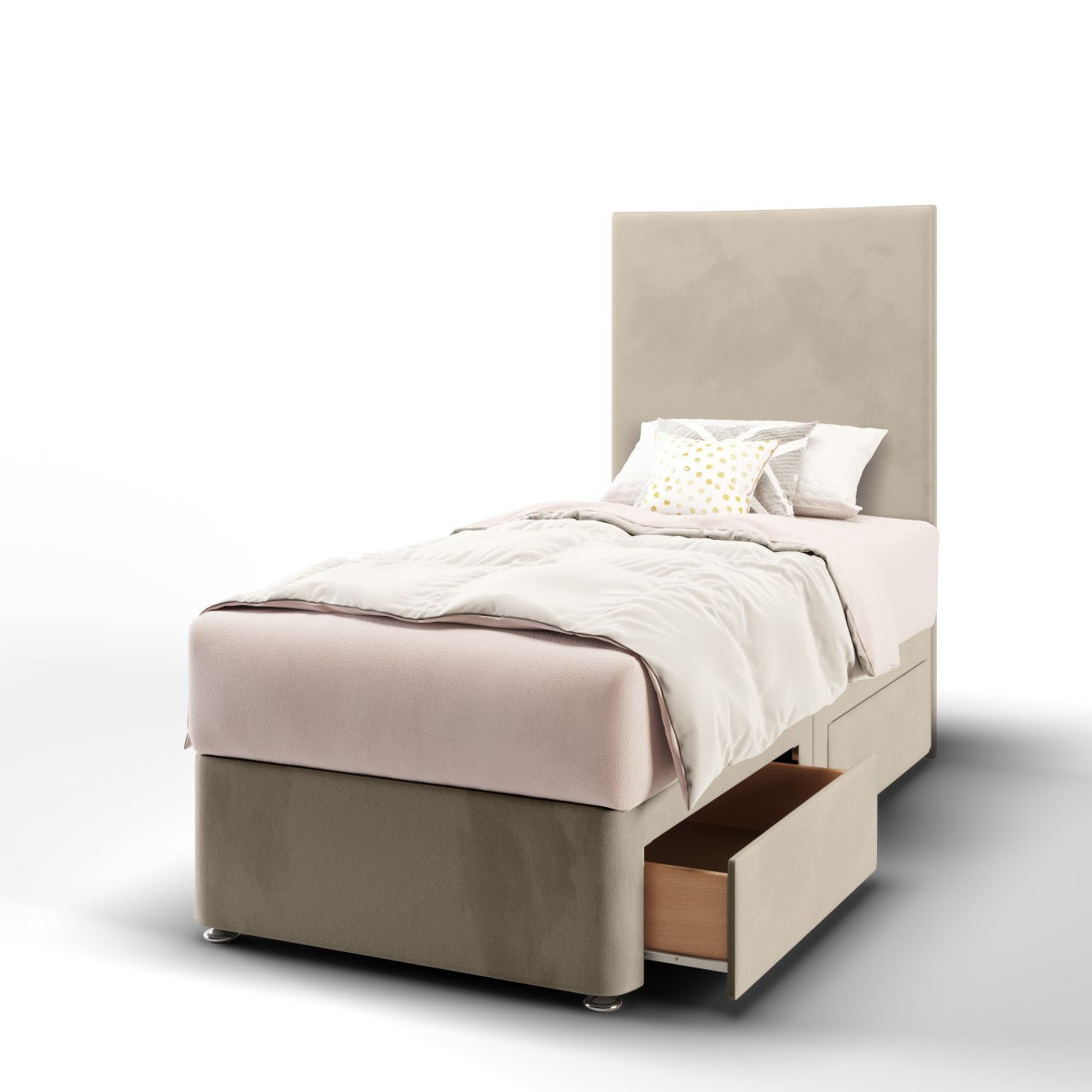 Plain Fabric Tall Headboard with Divan Bed Base & Mattress