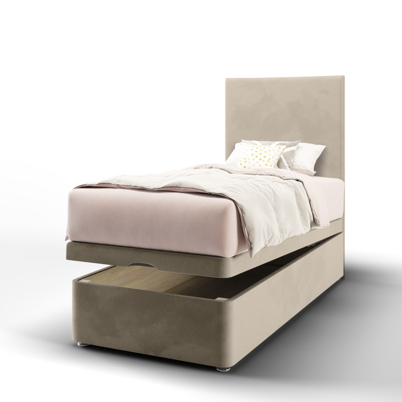 Plain Fabric Tall Headboard with Ottoman Storage Bed Base & Mattress