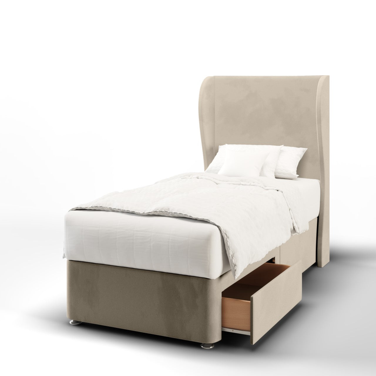 Plain Fabric Middle Curve Wing Headboard with Divan Bed Base & Mattress