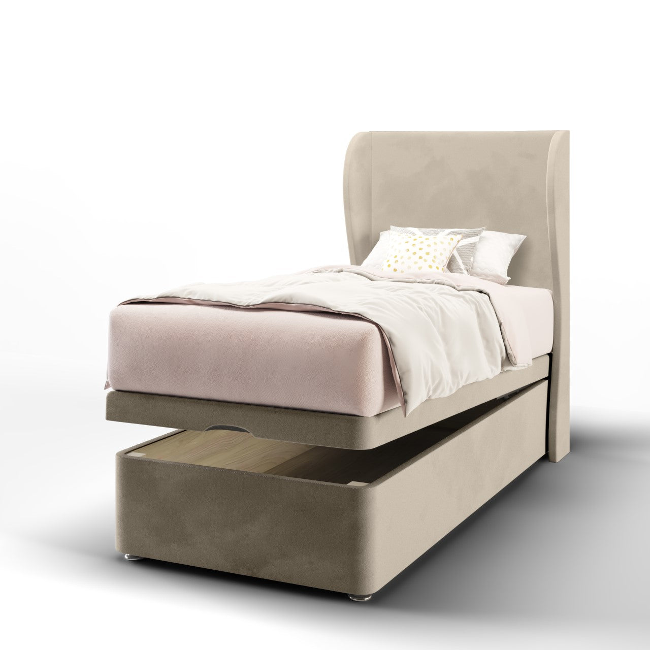 Plain Fabric Middle Curve Wing Headboard with Ottoman Storage Bed Base & Mattress