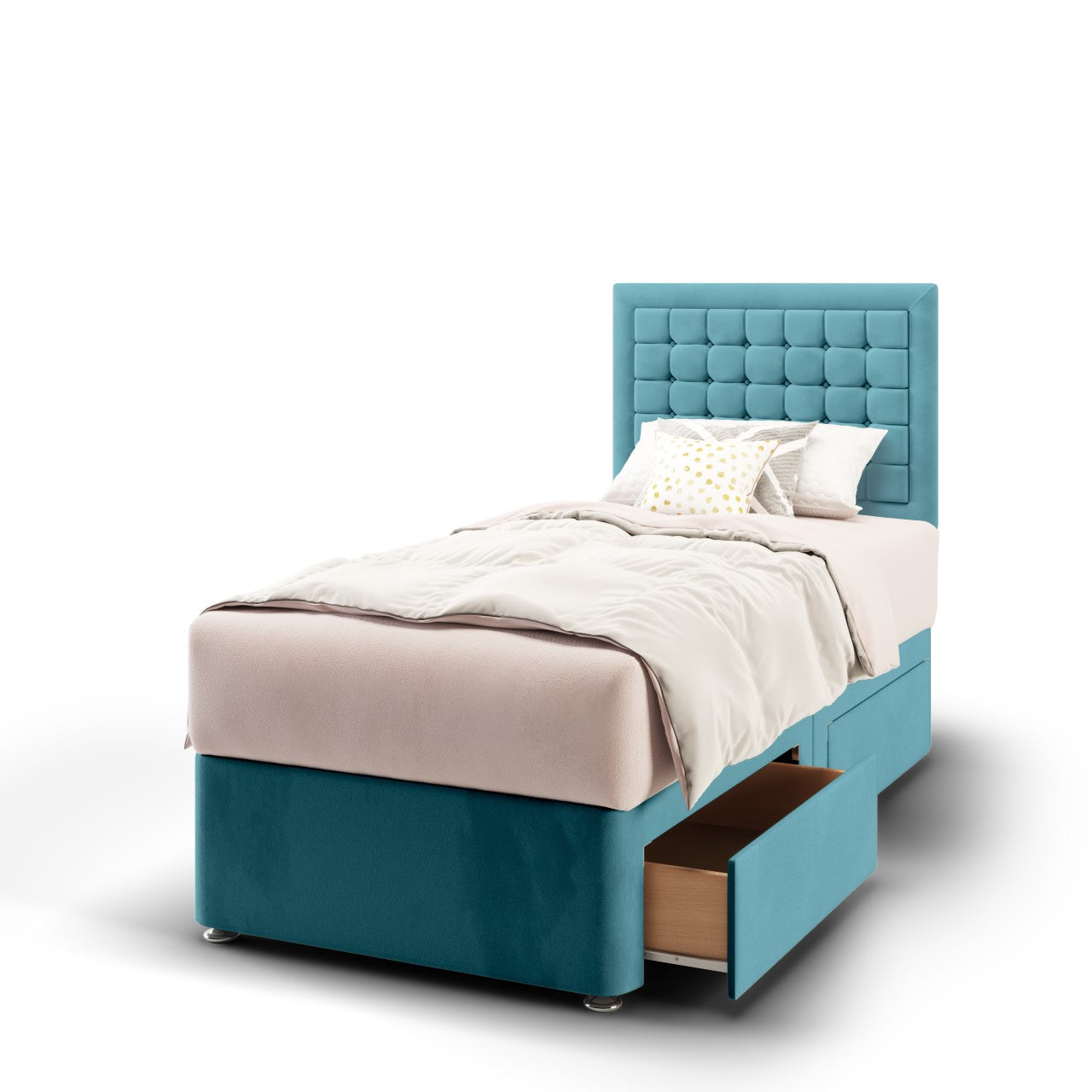 Small Cubic Border Fabric Low Headboard with Divan Bed Base & Mattress