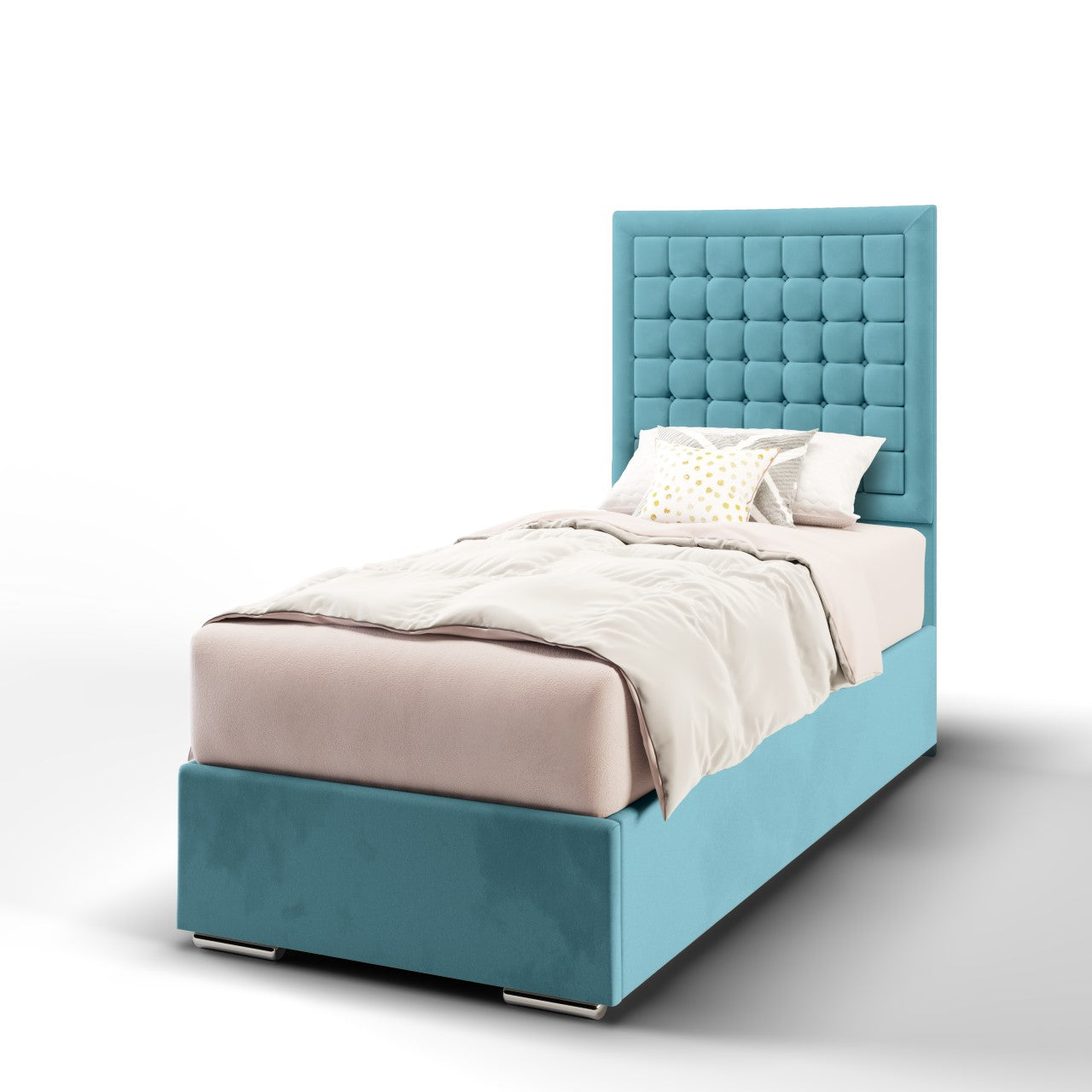 Small Cubic Border Fabric Tall Headboard with Frame Bed Base & Mattress