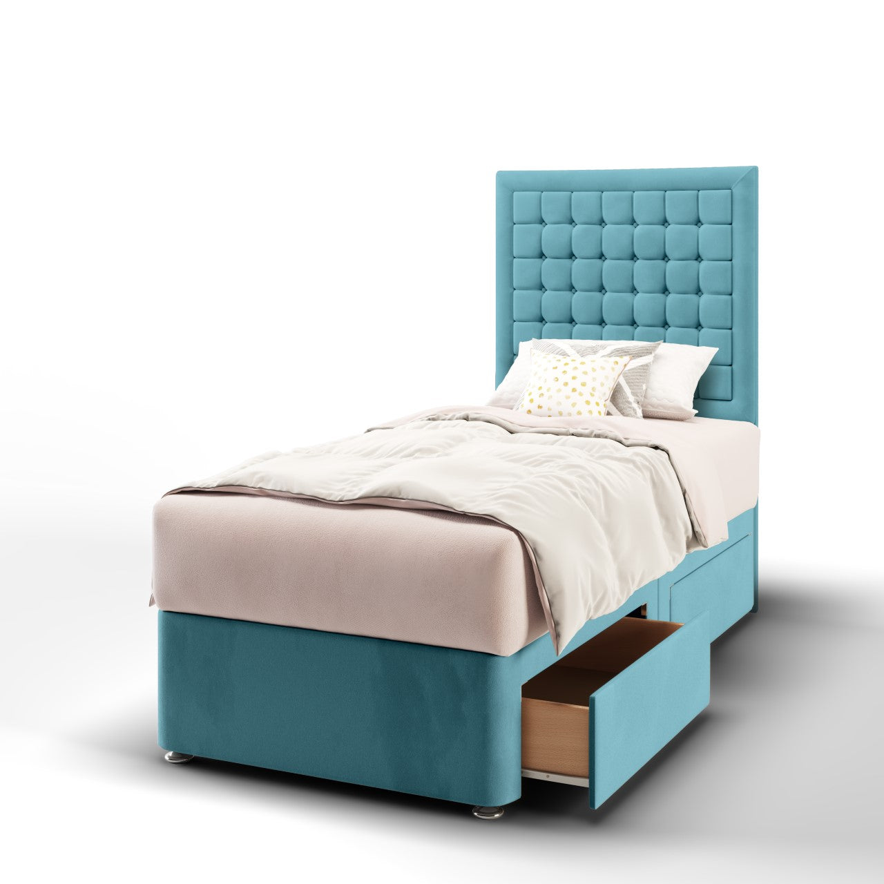 Small Cubic Border Fabric Tall Headboard with Divan Bed Base & Mattress