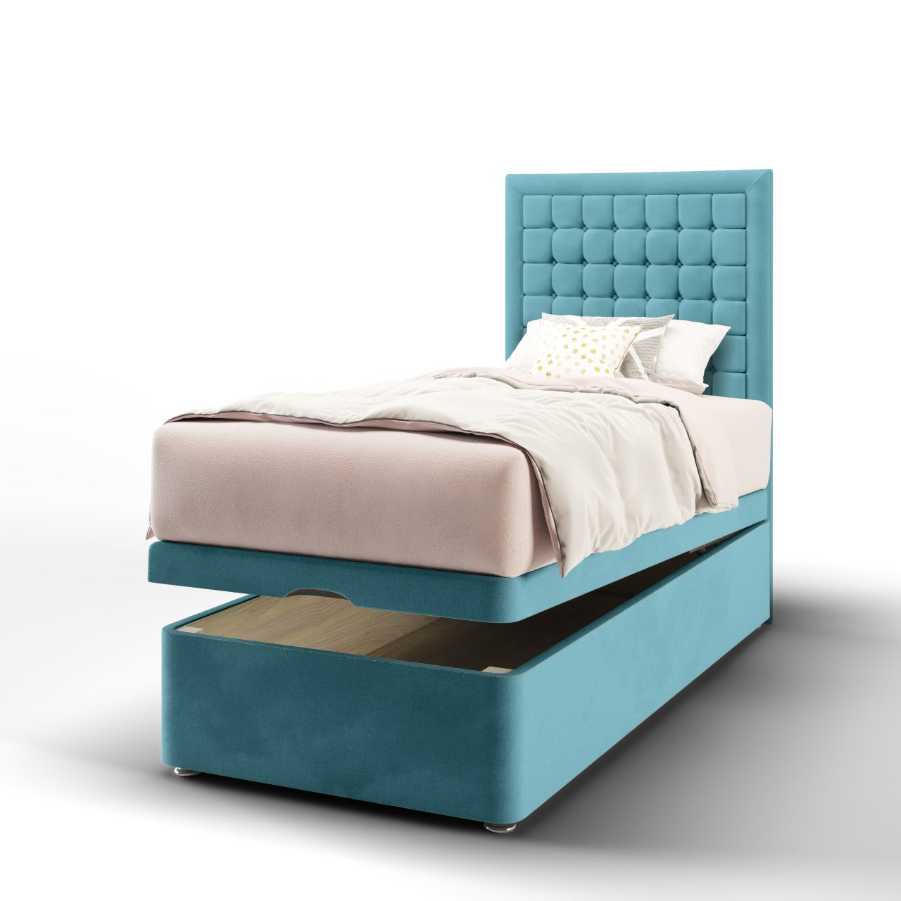 Small Cubic Border Fabric Tall Headboard with Ottoman Storage Bed Base & Mattress