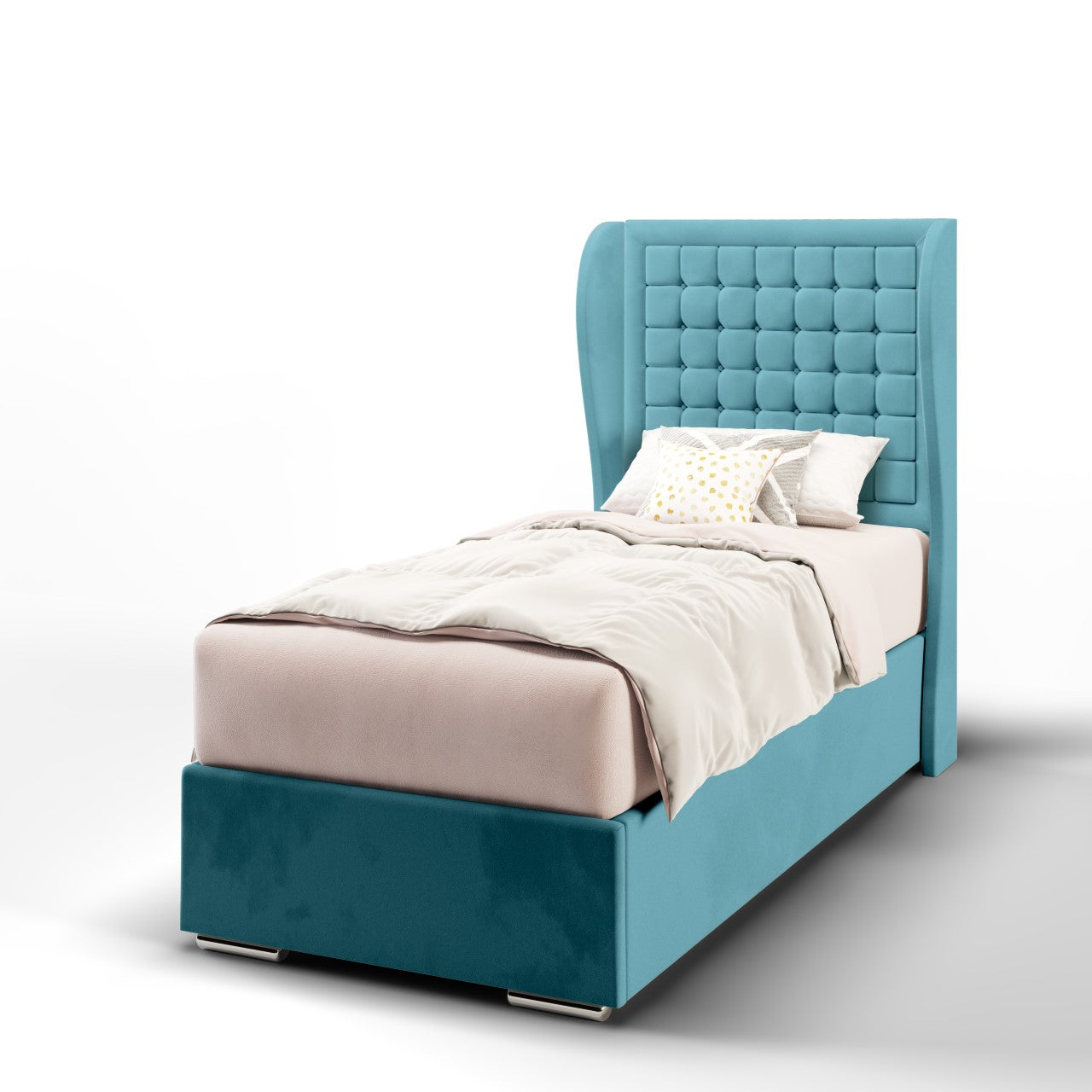 Small Cubic Border Fabric Middle Curve Wing Headboard with Frame Bed Base & Mattress