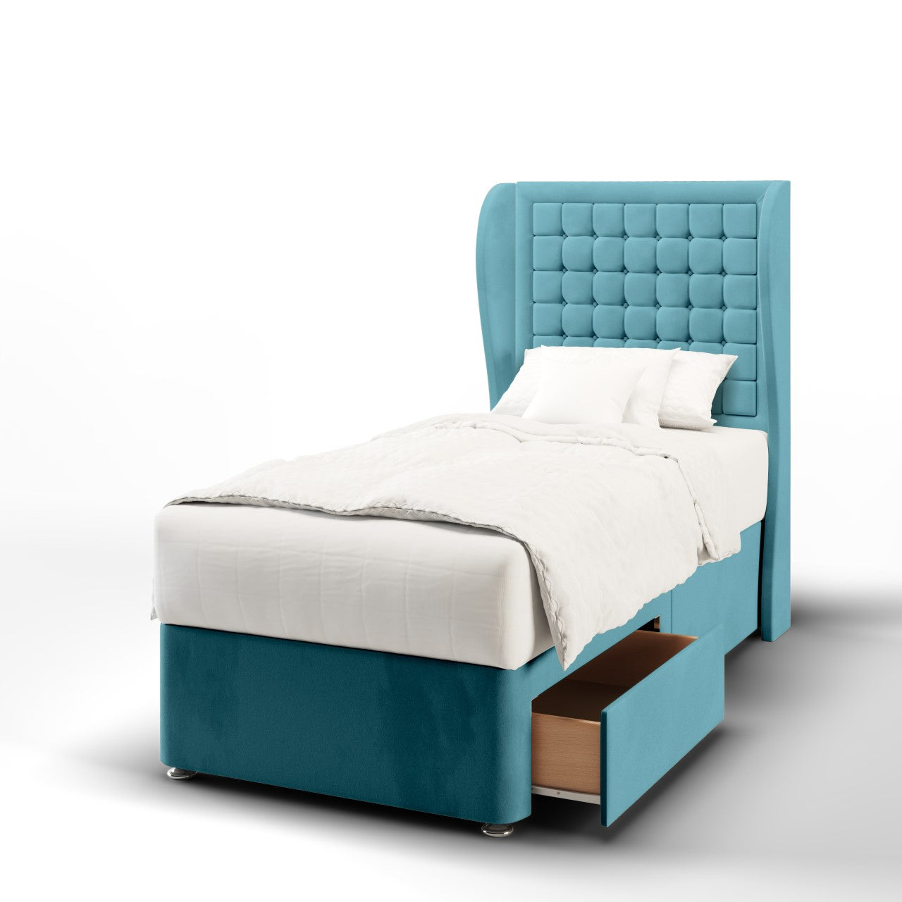 Small Cubic Border Fabric Middle Curve Wing Headboard with Divan Bed Base & Mattress