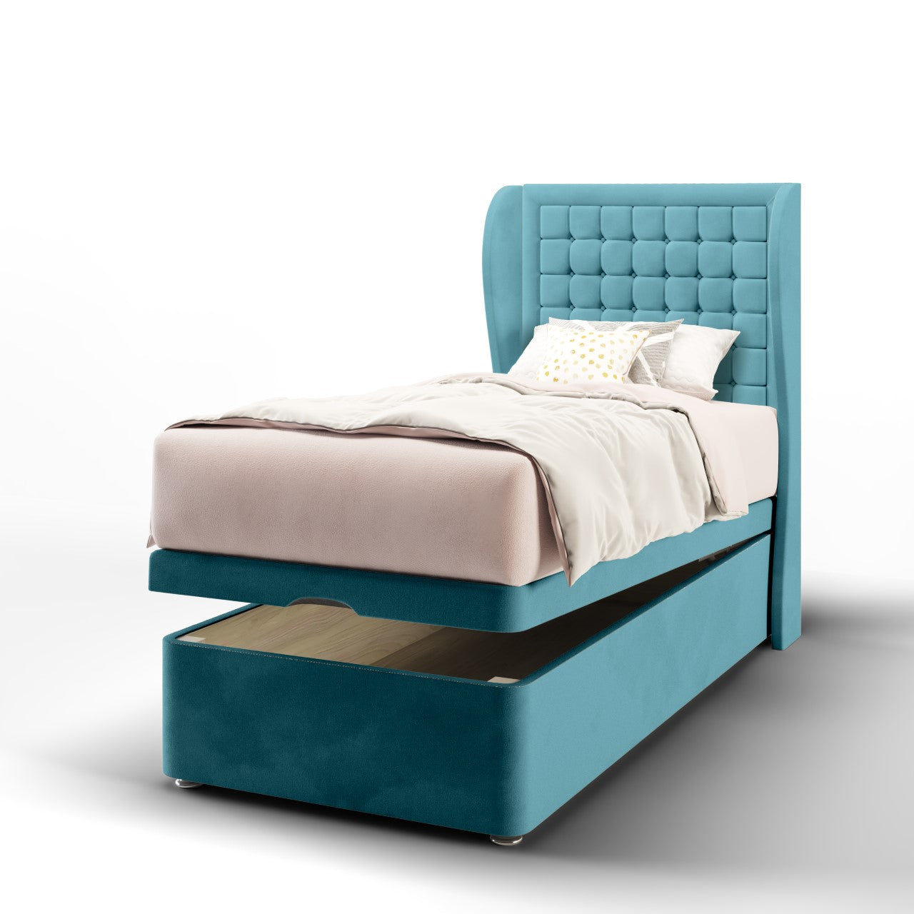 Small Cubic Border Fabric Middle Curve Wing Headboard with Ottoman Storage Bed Base & Mattress