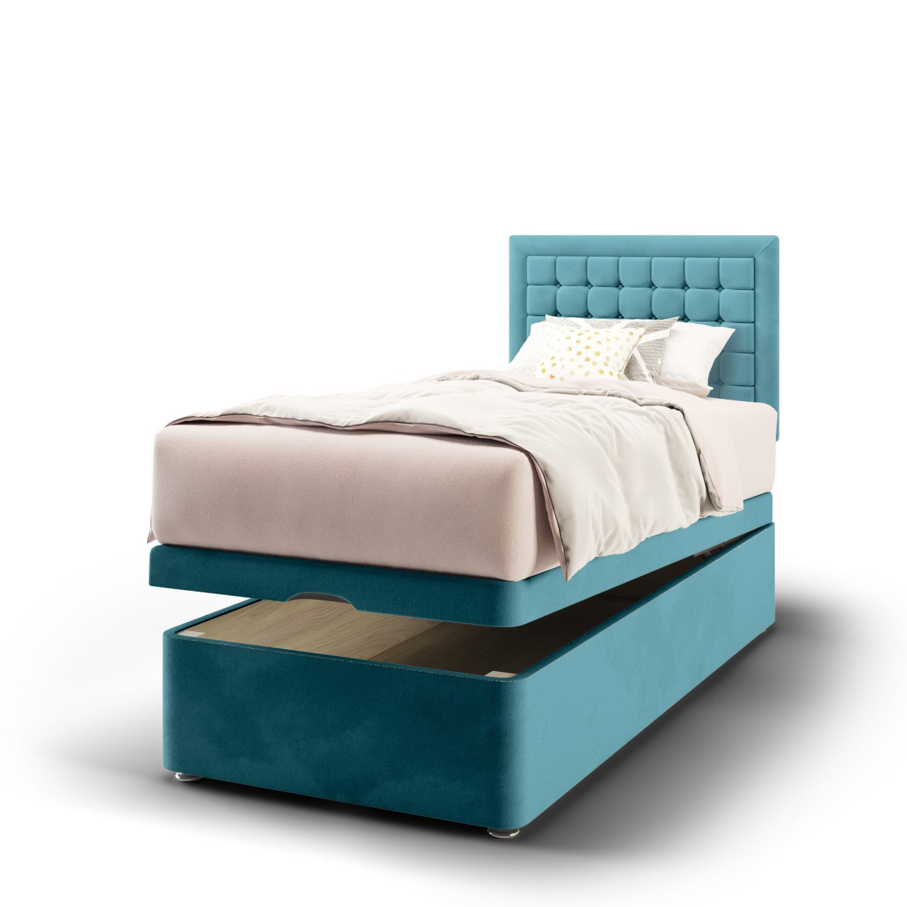 Small Cubic Border Fabric Low Headboard with Ottoman Storage Bed Base & Mattress