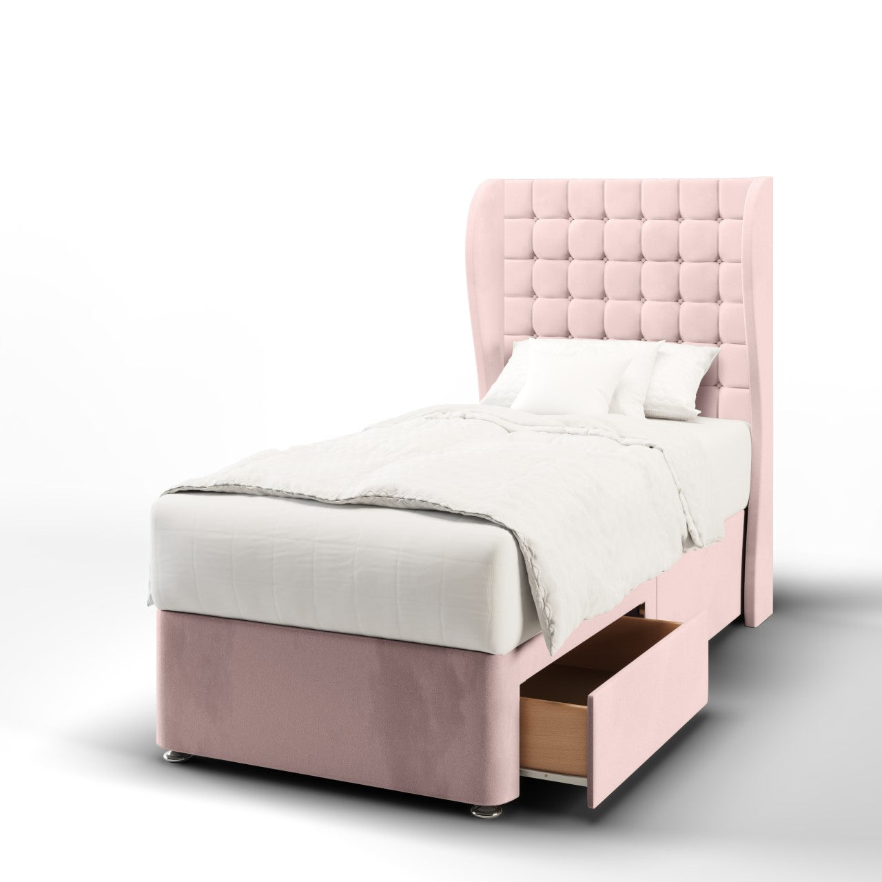 Small Cubic Fabric Middle Curve Wing Headboard with Divan Bed Base & Mattress