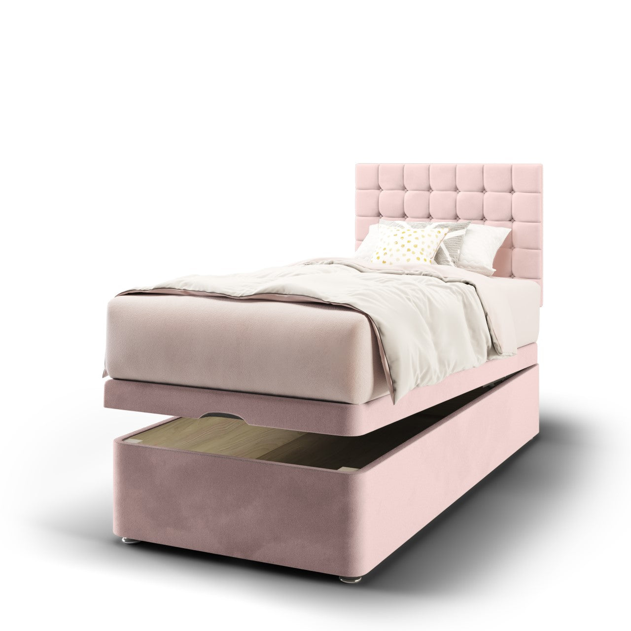 Small Cubic Fabric Low Headboard with Ottoman Storage Bed Base & Mattress