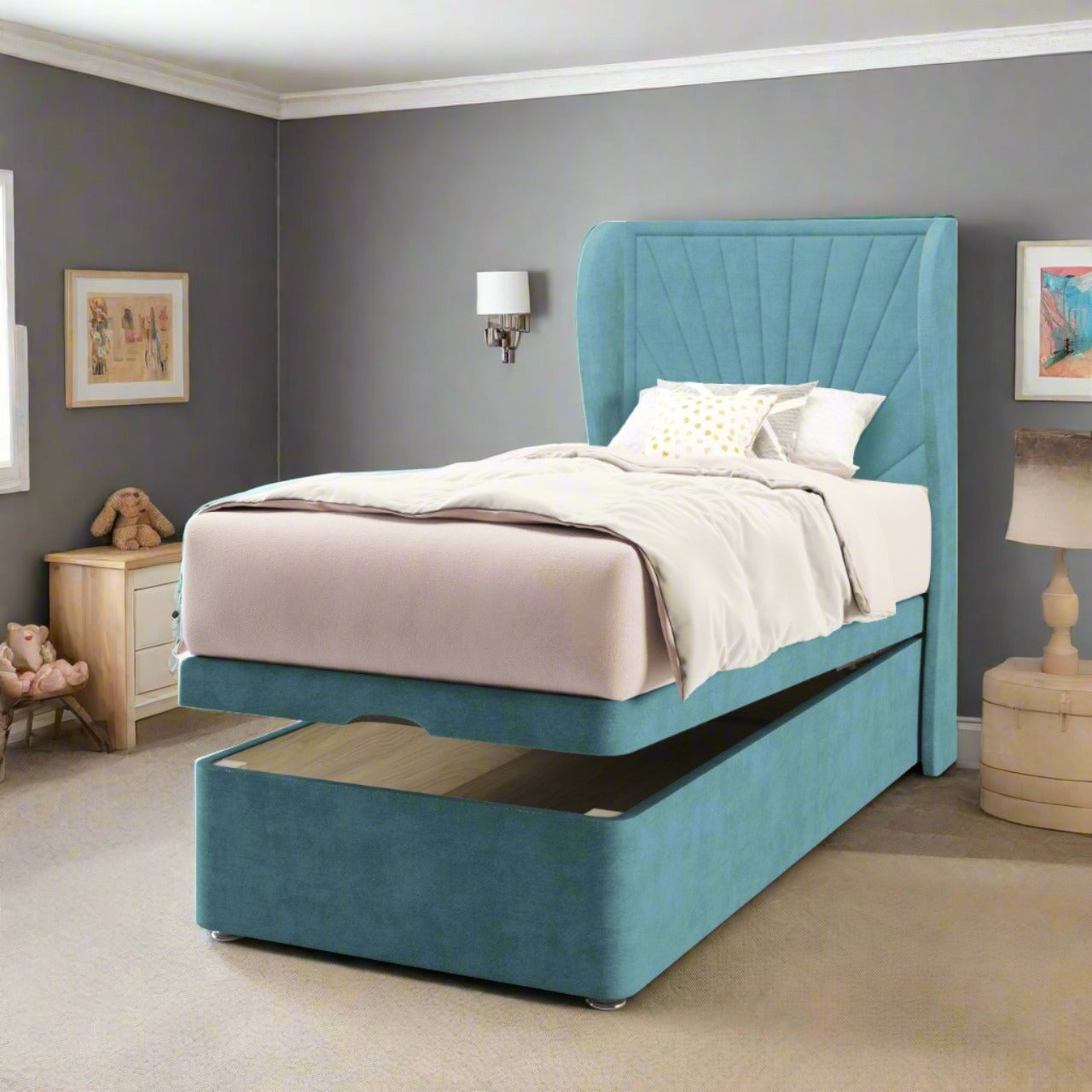 Sunrise Fabric Middle Curve Wing Headboard with Ottoman Storage Bed Base & Mattress