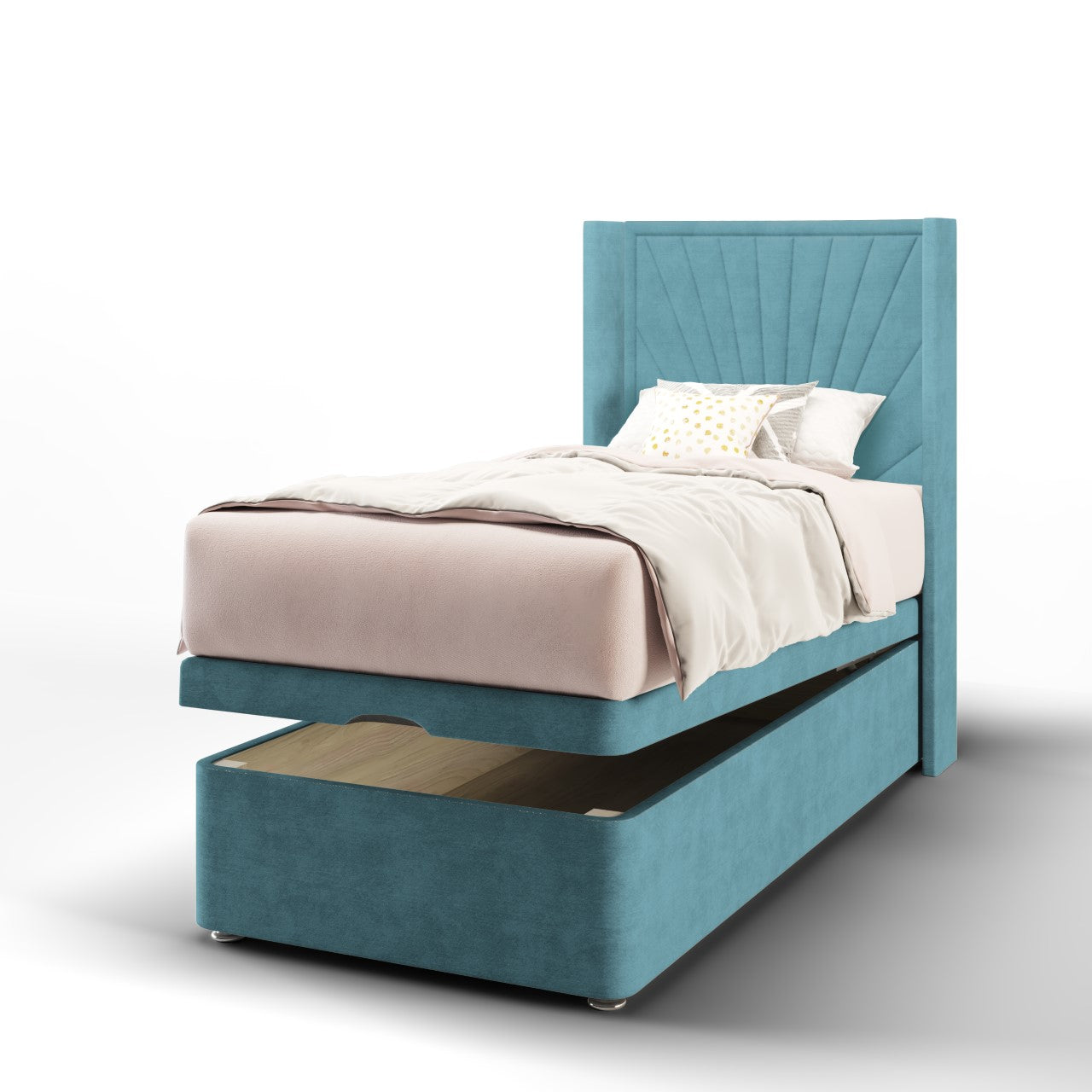 Sunrise Fabric Straight Wing Headboard with Ottoman Storage Bed Base & Mattress