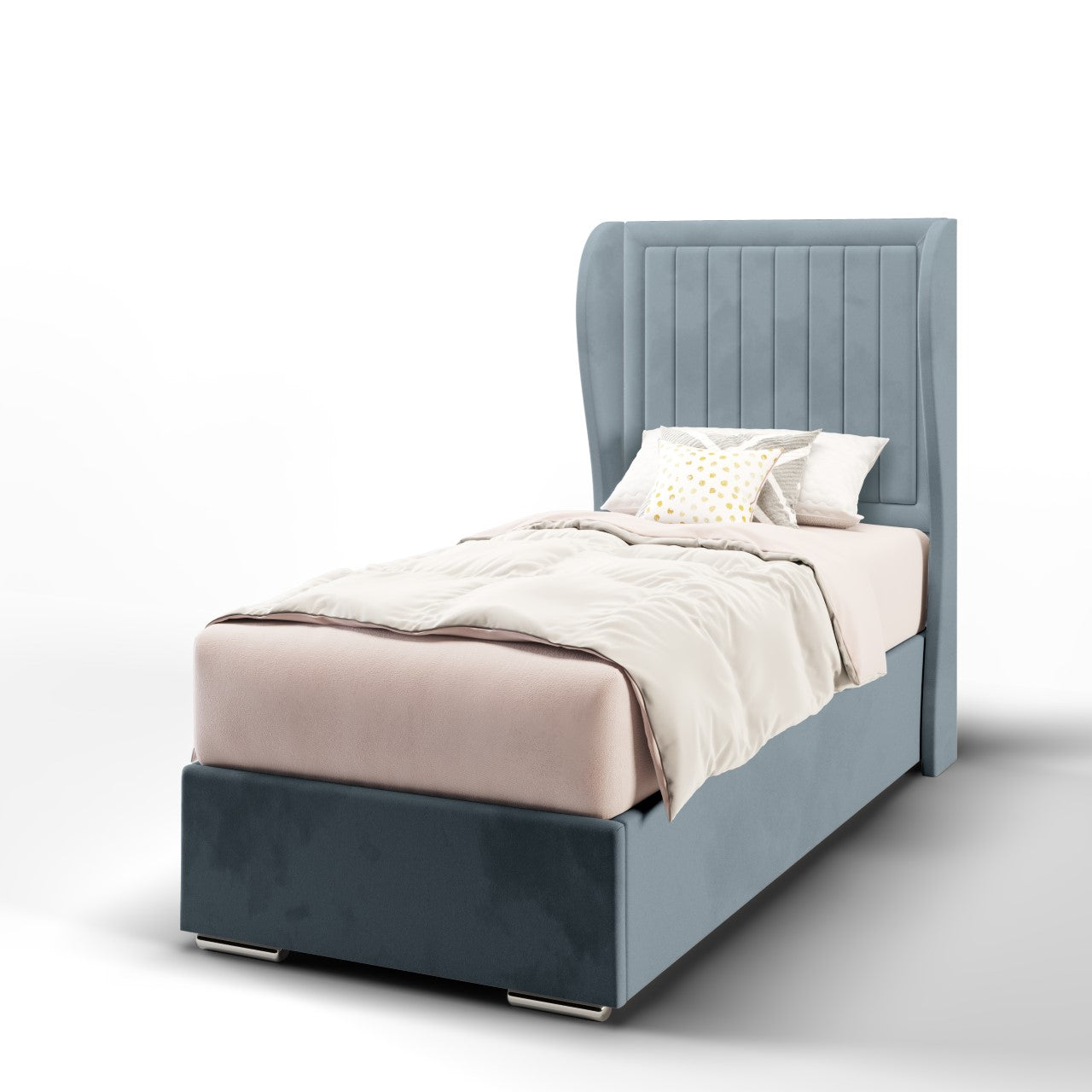 Vertical Panels Border Fabric Middle Curve Wing Headboard with Frame Bed Base & Mattress