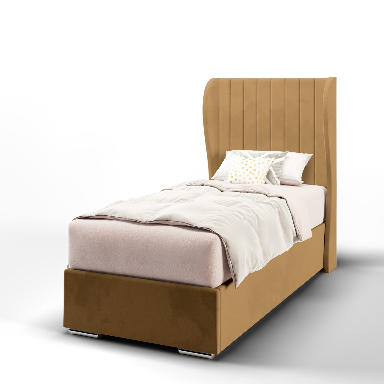 Vertical Panels Fabric Middle Curve Wing Headboard with Frame Bed Base & Mattress