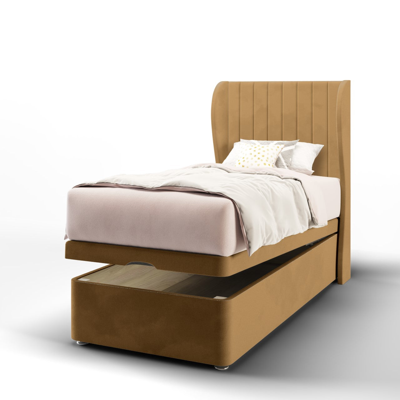 Vertical Panels Fabric Middle Curve Wing Headboard with Ottoman Storage Bed Base & Mattress