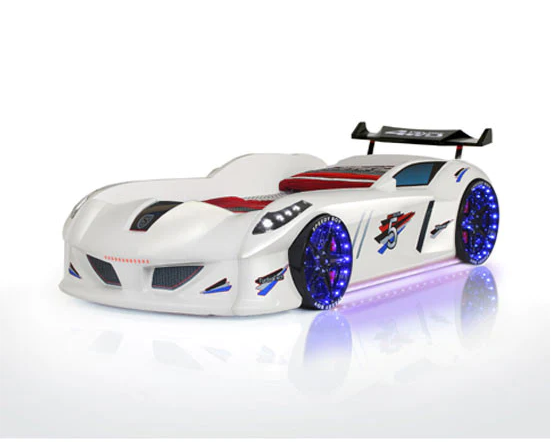 Infinite Zoom White 3FT Single Race Car Bed with LED Lights, Sounds & Bluetooth