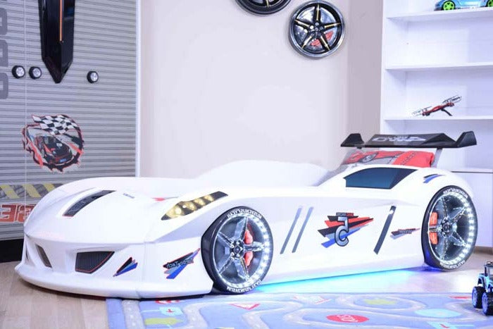 Infinite Zoom White 3FT Single Race Car Bed with LED Lights, Sounds & Bluetooth