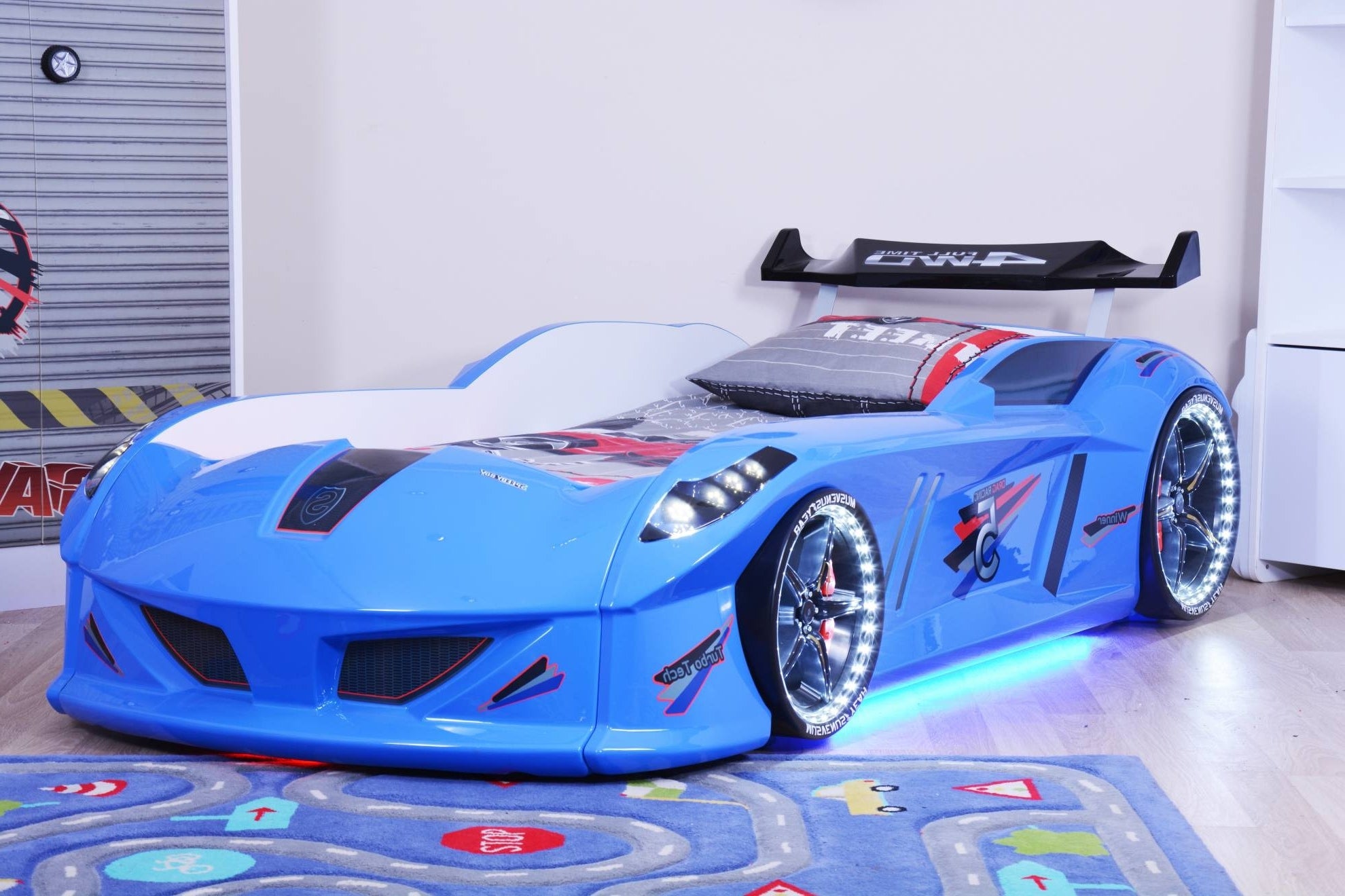 Infinite Zoom Blue 3FT Single Race Car Bed with LED Lights, Sounds & Bluetooth