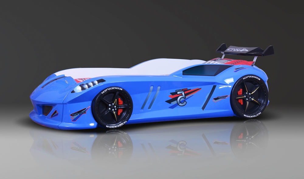 Infinite Zoom Blue 3FT Single Race Car Bed with LED Lights, Sounds & Bluetooth